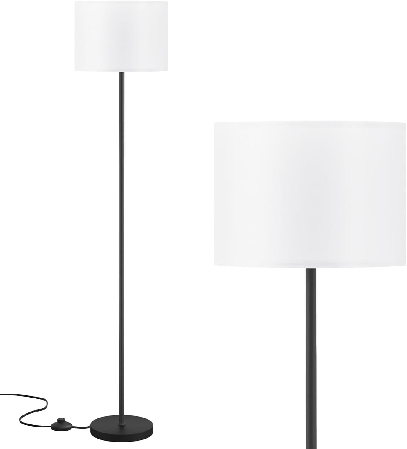 Modern Floor Lamp Simple Design with White Shade, Foot Pedal Switch, 60″ Small Tall Lamps for Living Room Bedroom Office Dining Room Kitchen, Black Pole Lamp(Without Bulb)