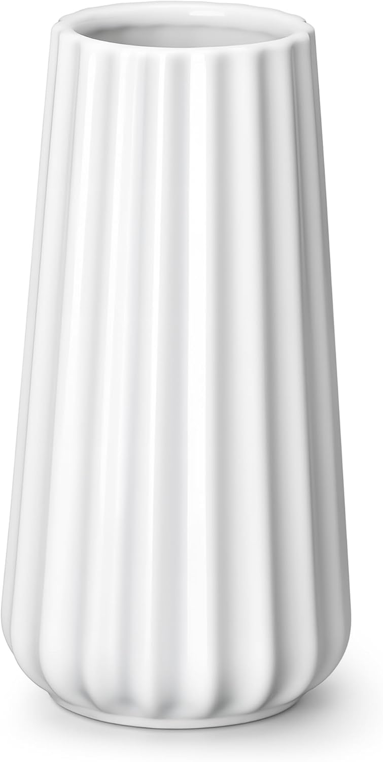 vancasso Ceramic Vase, 7.8 Inch Modern Ribbed Glossy Decorative Vase, Flower vase for Home Decor, Living Room, Bedroom, Office Decor, White