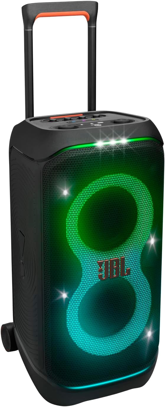 JBL PartyBox Stage 320 – Portable Party Speaker with Telescopic Handle & Wide, Sturdy Wheels, Powerful JBL Pro Sound, Futuristic lightshow, Up to 18 Hours of Play time, Splash Proof (Black)