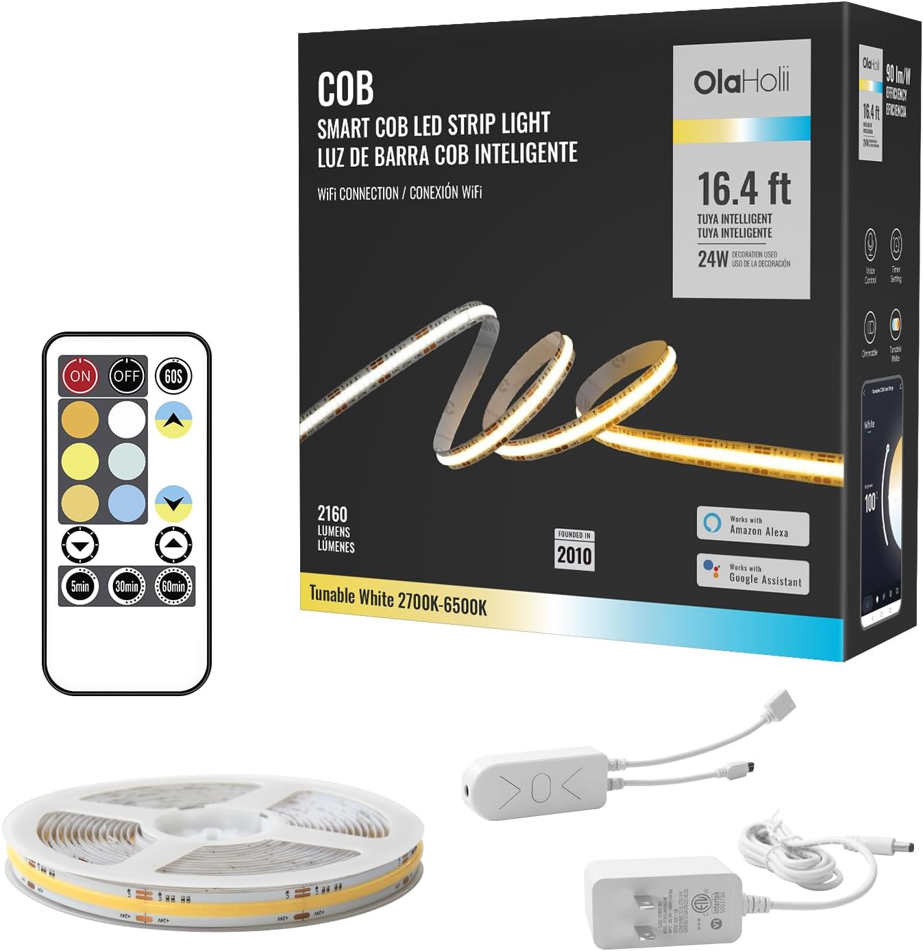 16.4ft Smart LED Strip Light, Tunable White 2700K-6500K Dimmable Bright WiFi COB Light Compatible with Alexa and Google for Kitchen Cabinet, Room