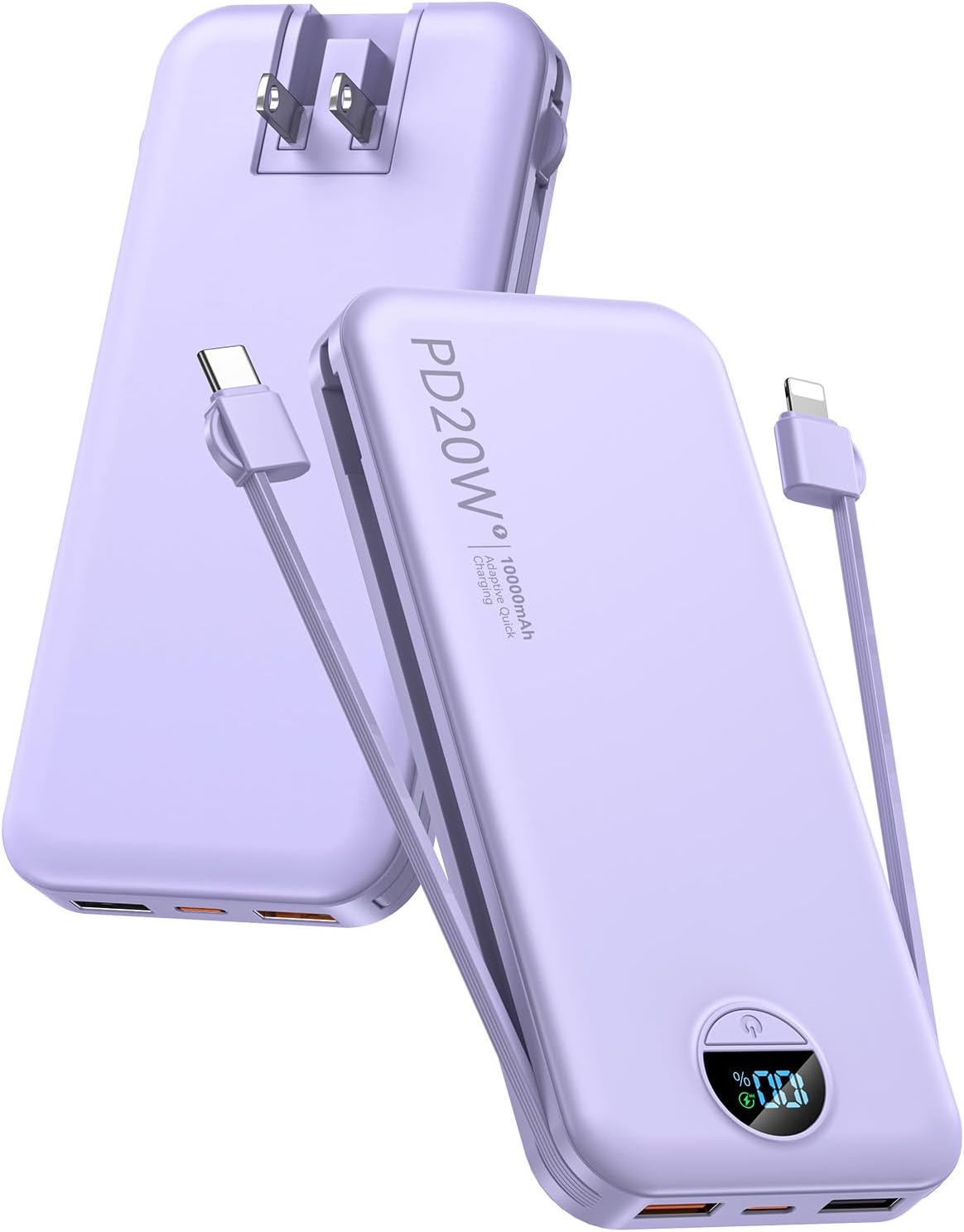 Portable Charger, 10000mAh PD20W USB C Fast Charging Power Bank with Built-in Cables and AC Wall Plug, Smart LED Display Travel Essentials Battery Pack Compatible with iPhone, iPad, Samsung etc Purple