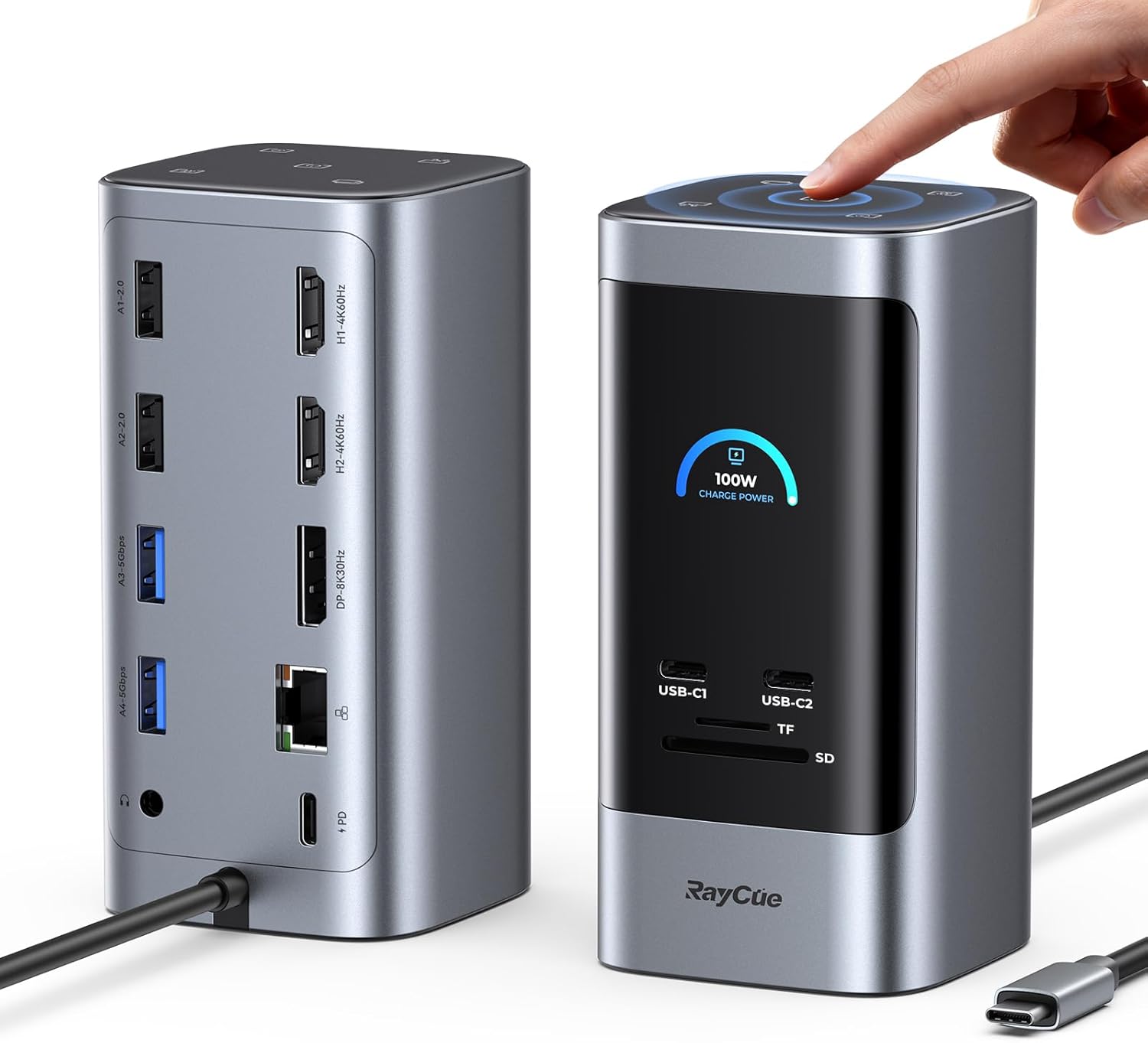 RayCue 15 in 1 Laptop Docking Station 3 Monitors, Triple 8K Display with 3 HDMI, 6 USB Ports, 5 Shortcut Button, Gigabit Ethernet, PD3.0, Smart Display for Windows/Dell/Lenovo/HP…(No Power Adapter)