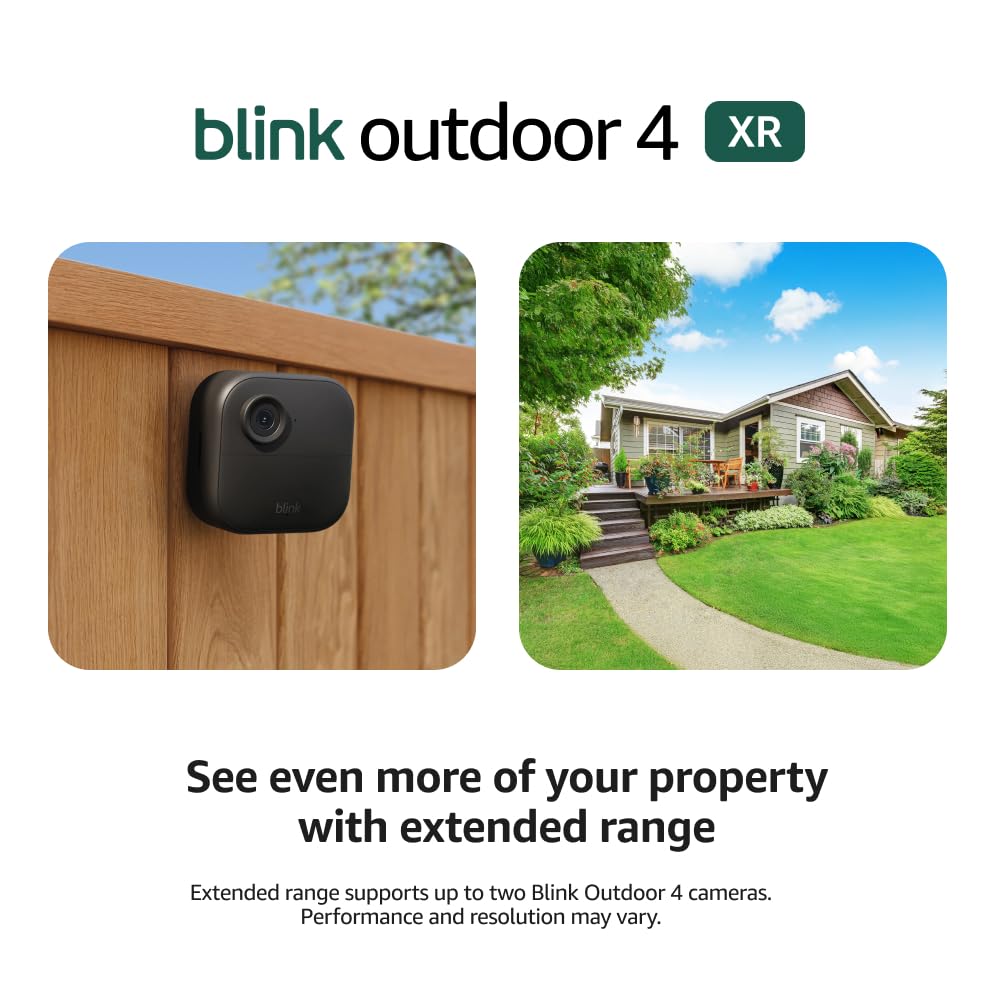 Blink Outdoor 4 XR – two-year battery wireless camera with 4x security coverage, 1000 ft open-air range or 400 ft with typical use — 4 camera system.