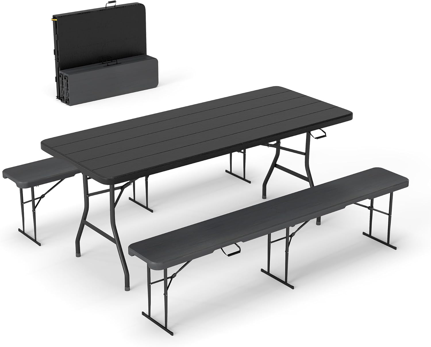 Real Relax 6′ Picnic Table with 2 Benches, 3 Piece Black Wood Grain Portable HDPE Folding Camping Table and Benches for Courtyard, Garden, Outdoor Leisure, Party