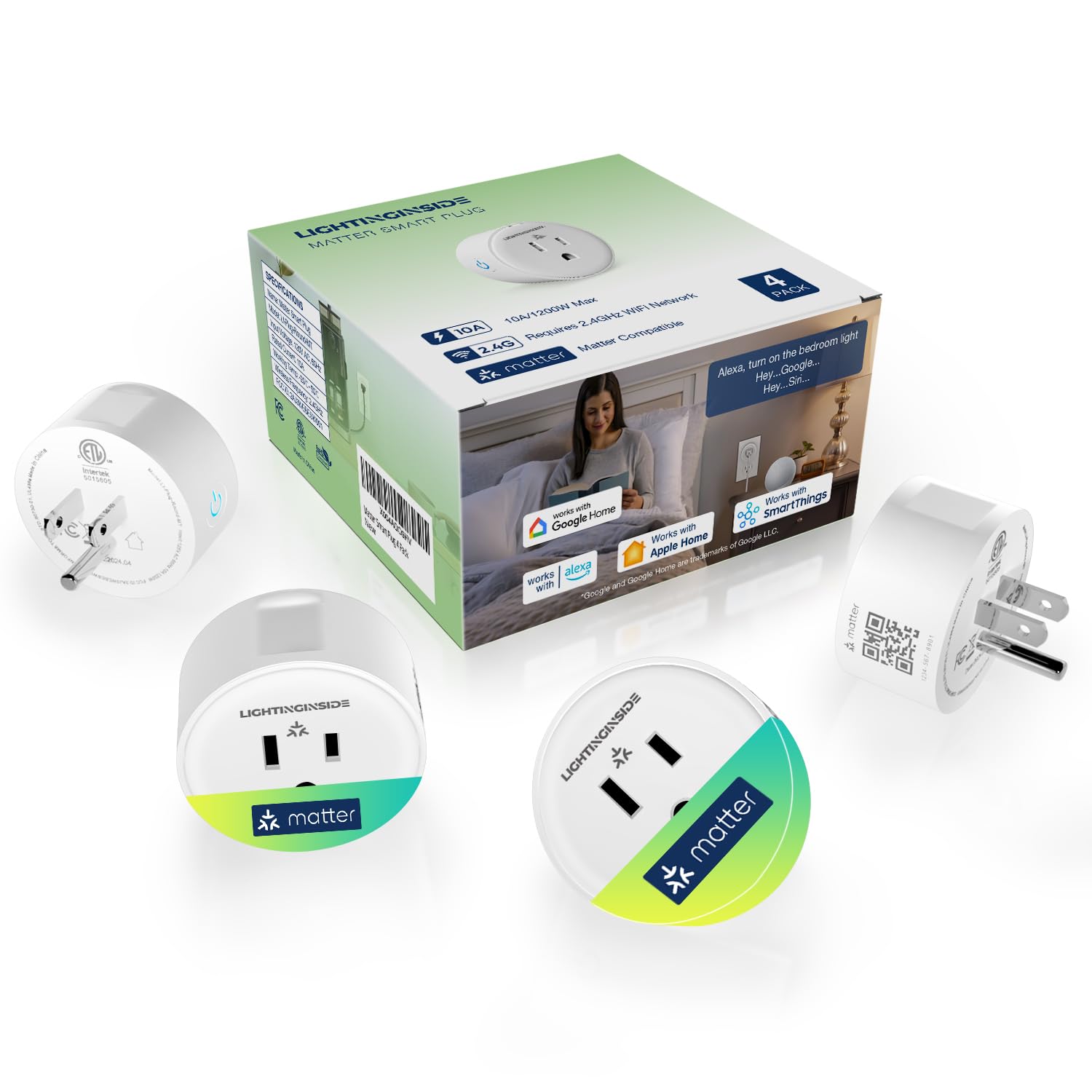 Lightinginside Matter Smart Plug, Compatible with Apple Home/Siri/Alexa/Google Home/SmartThings, Smart Outlet Socket, ETL Listed, APP Remote Control,Timer&Schedule, 2.4G WiFi Only, Hub Required, 4PCS