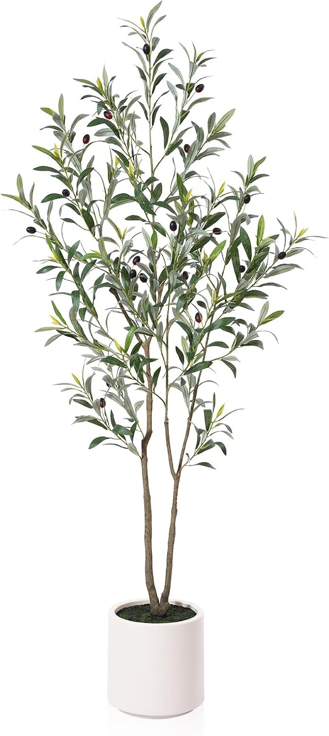 LOMANTO Artificial Olive Trees, 5 ft Tall Fake Olive Trees for Indoor, Faux Olive Silk Tree, Large Olive Plants with White Planter for Home Decor and Housewarming Gift, 1 Pack