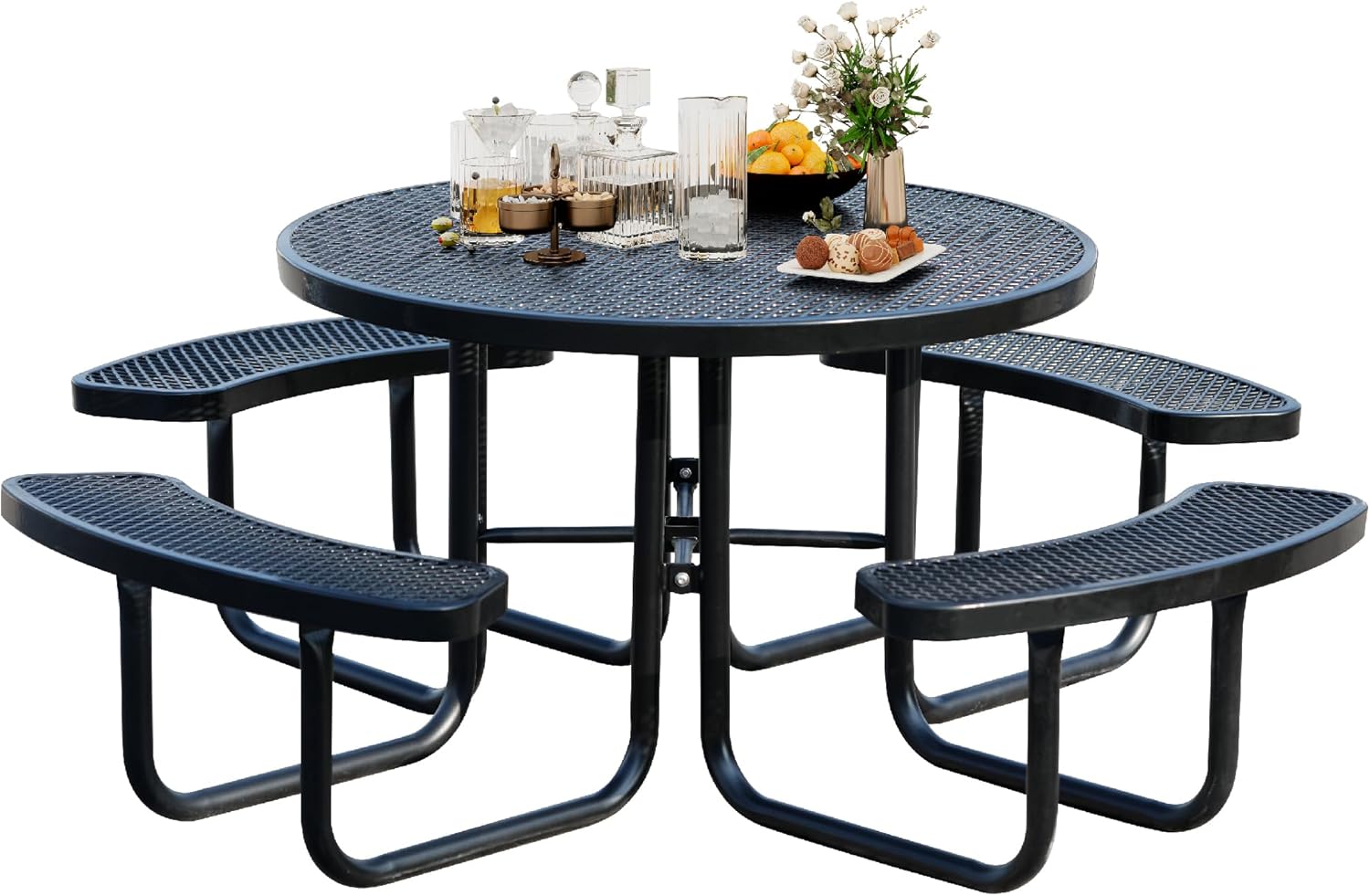 8-Person Picnic Tables for Outdoors, Industrial 46″ Expanded Metal Round Picnic Table with 4 Benches & Umbrella Hole, Outside Table and Bench Set for Park, Garden, Backyard, Patio, Black