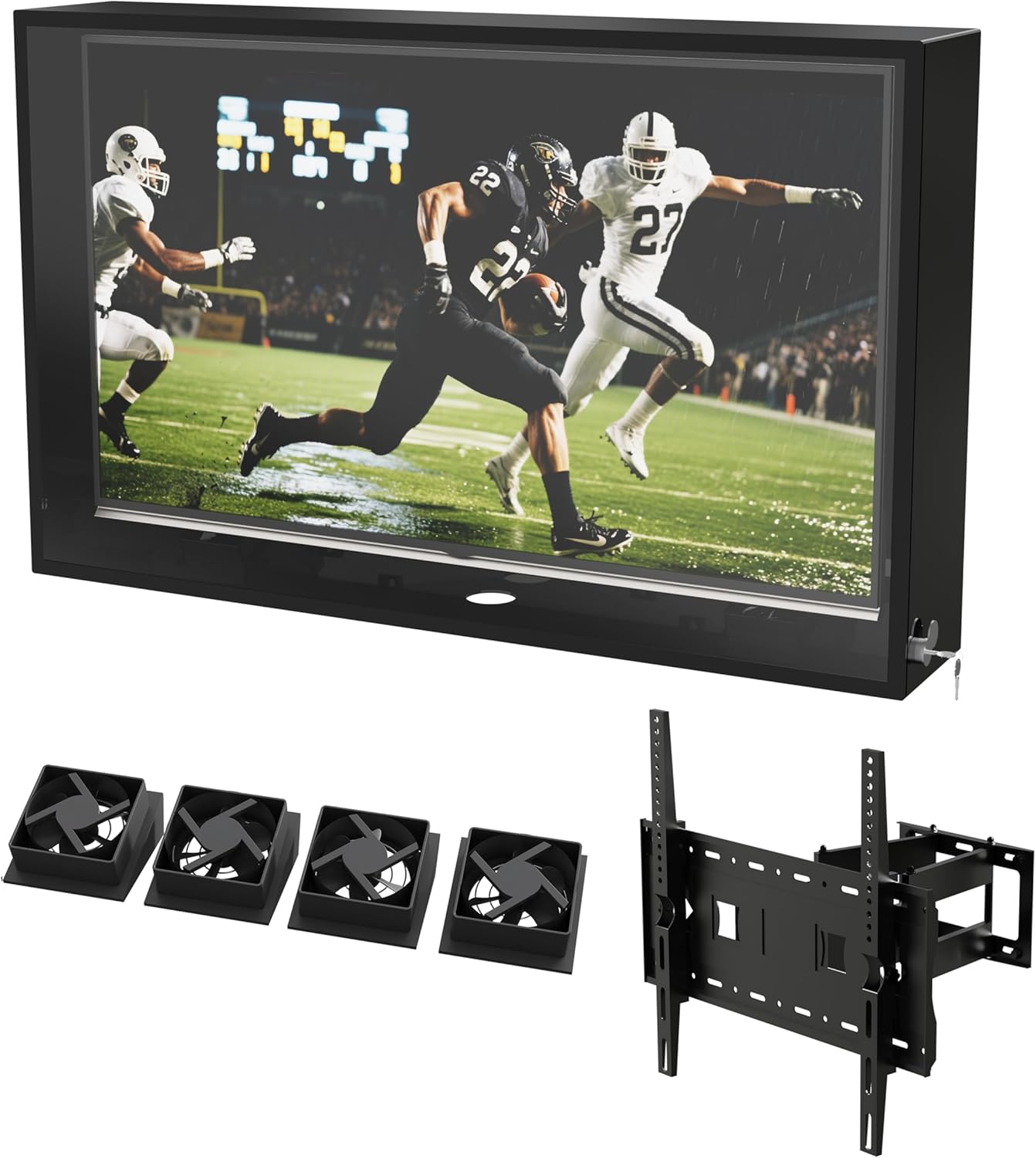 60-65 inch Clear Weatherproof Outdoor TV Cover, Clear Dust Resistant, Hard and Durable Television Enclosure for Outside with Lock, Cooling Fans and Adjustable TV Mount Included