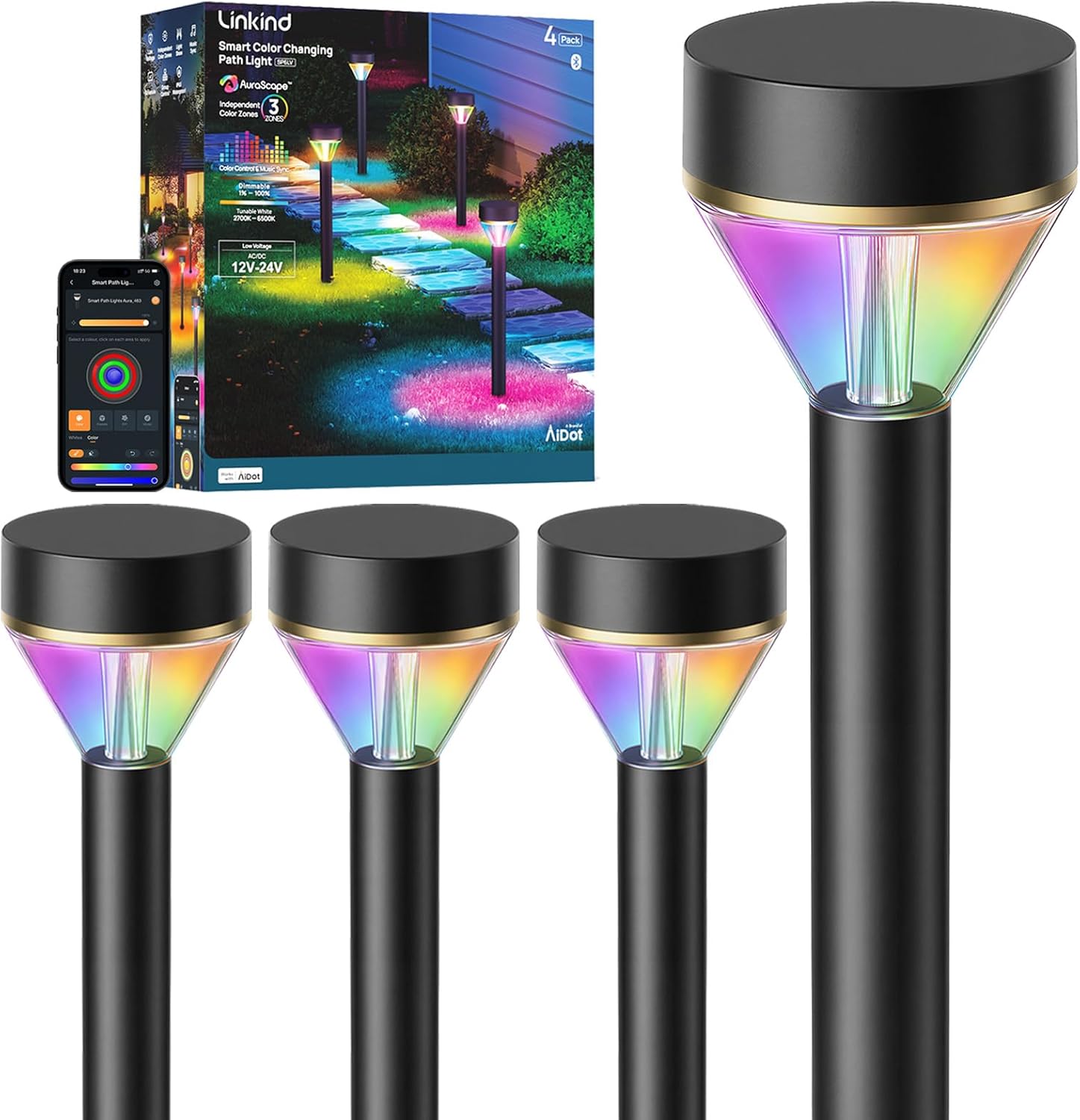 Linkind Smart Landscape Path Lights SP6LV, 510LM Multi-Zone Low-Voltage Pathway Lights AC/DC 12-24V, App & Voice Controlled Color-Changing Landscape Lighting for Garden, Walkway, Driveway, 4 Pack