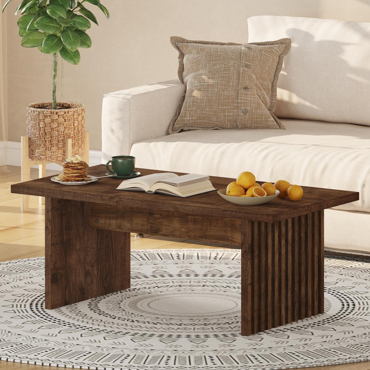BON AUGURE Coffee Table for Living Room, Farmhouse Wood Center Table, Rectangle Mid-Century Living Room Tables, Unique Fluted Panel Coffee Tables (Rustic Oak, 43Inch)