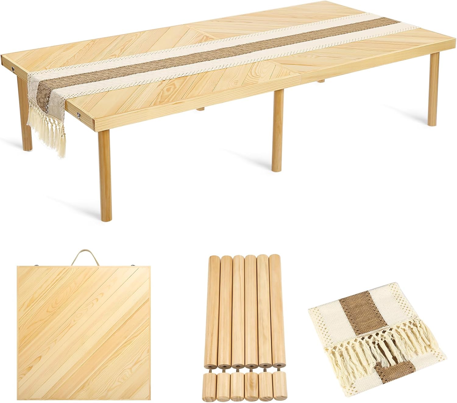 Folding Picnic Table with Table Runner, Portable Boho Low Picnic Table for Indoor Outdoor, 60″ x 30″ Wooden Table with Adjustable Heights for Camping, Wedding, Beach, Garden, Party(Large Size for 6)