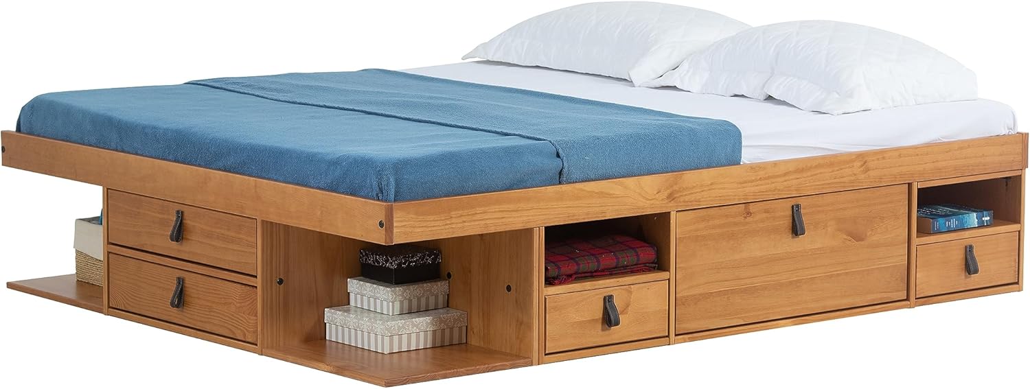 memomad Bali Storage Platform Bed with Drawers (Queen Size, Oak Brown Wood)
