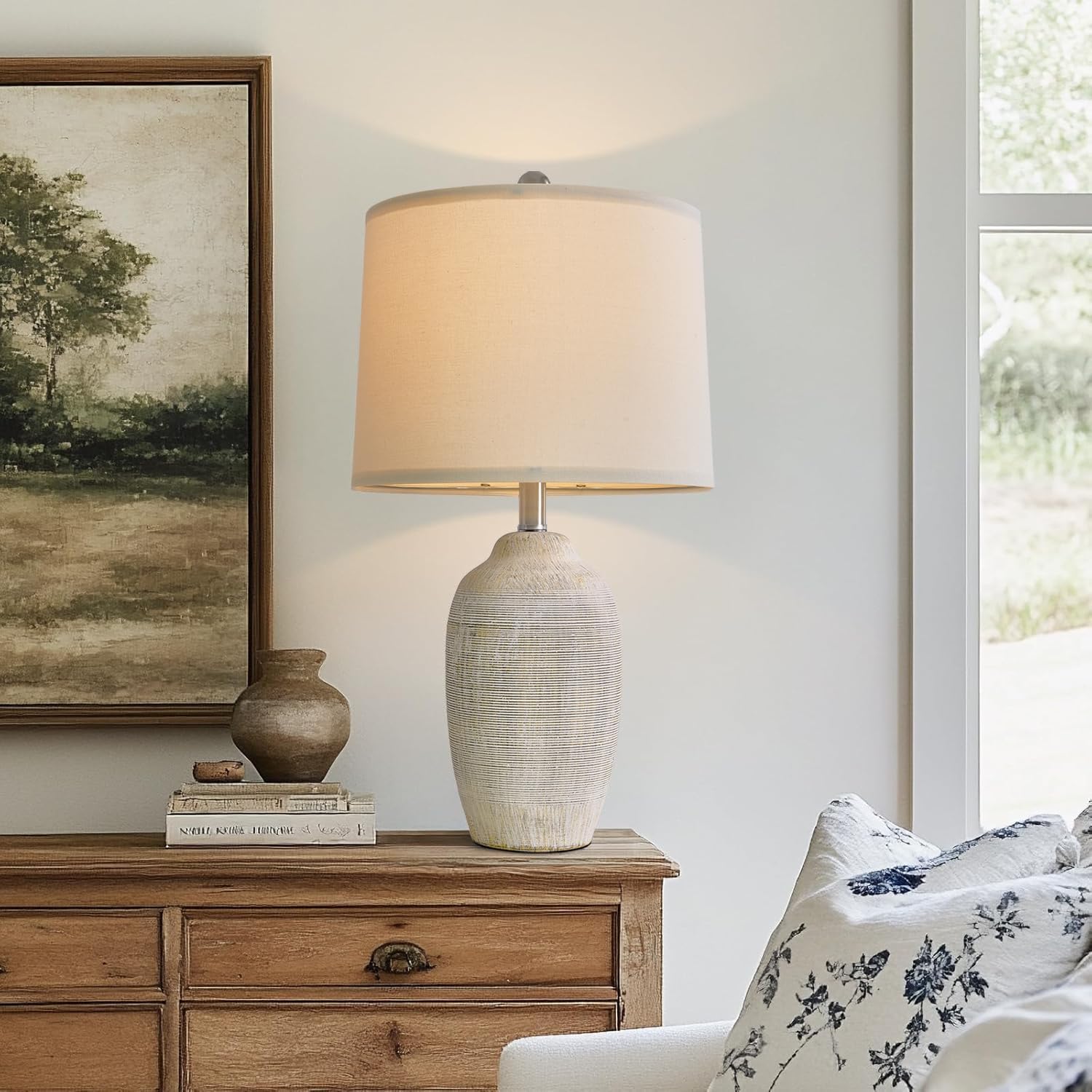 24 inch Vintage Ceramic Table Lamp with 5FT Cord – Single Farmhouse Rustic Bedside Lamp with Natural Textured Finish, Nightstand Lamps for Living Room, Bedroom, End Table Beige