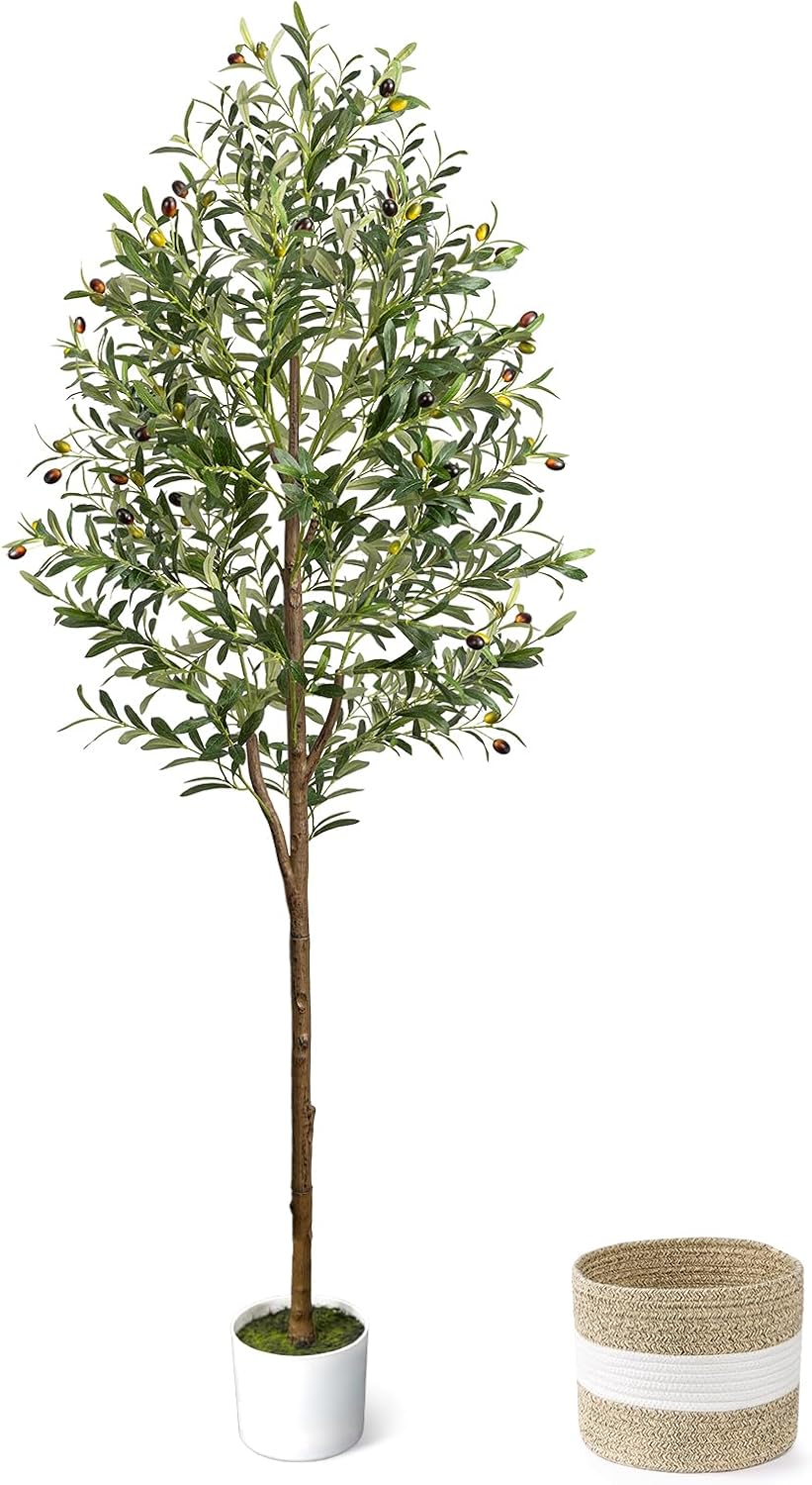 6FT Artificial Olive Tree – Indoor Tall Faux Olive Trees with Planter&Basket, Large Fake Olive Silk Tree Realistic Olive Plants with Branches and Fruits for Home Decor Office Living Room