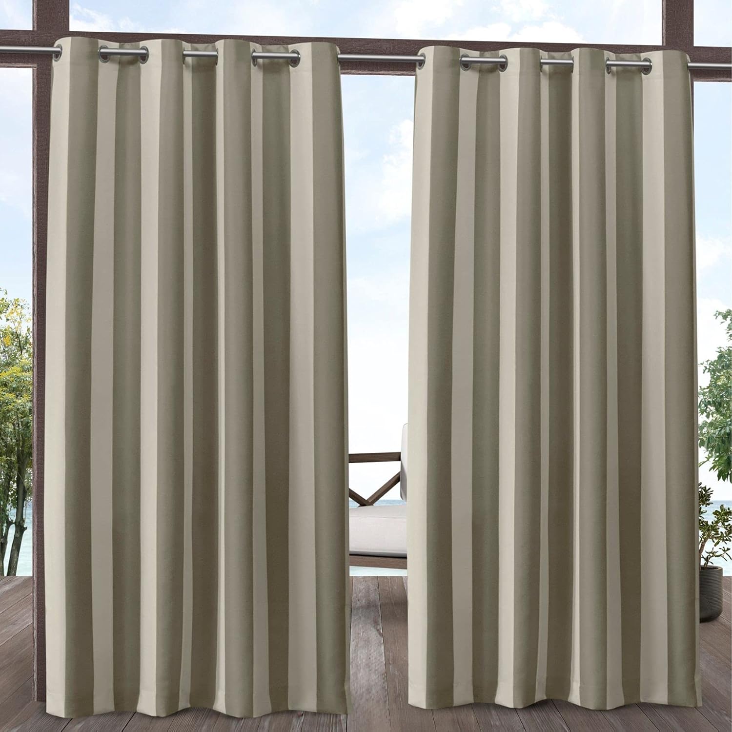 Exclusive Home Canopy Stripe Indoor/Outdoor Grommet Top Curtain Panel, 54″x96″, Taupe / Sand, Set of 2
