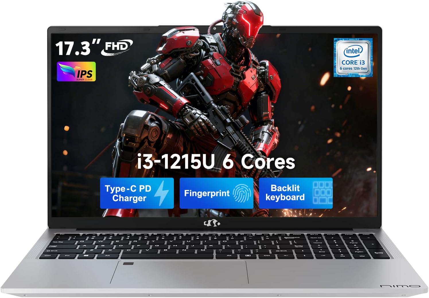 NIMO 17.3″ FHD IPS Laptop, Intel Core i3-1215U (Beats i5-1135G7 Class), 16GB RAM, 1TB SSD, Windows 11 Home, Wi-Fi 6, Backlit Keyboard, Fingerprint, USB-C 65W Fast Charge, Bluetooth 5.2, 180° View