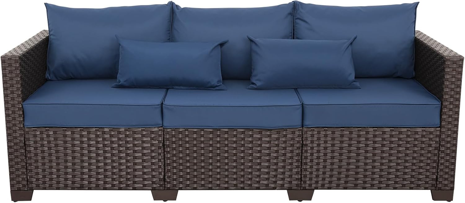 Rattaner 3-Seat Patio Wicker Sofa, Outdoor Rattan Couch Furniture Steel Frame with Furniture Cover and Deep Seat High Back, Blue Anti-Slip Cushion.