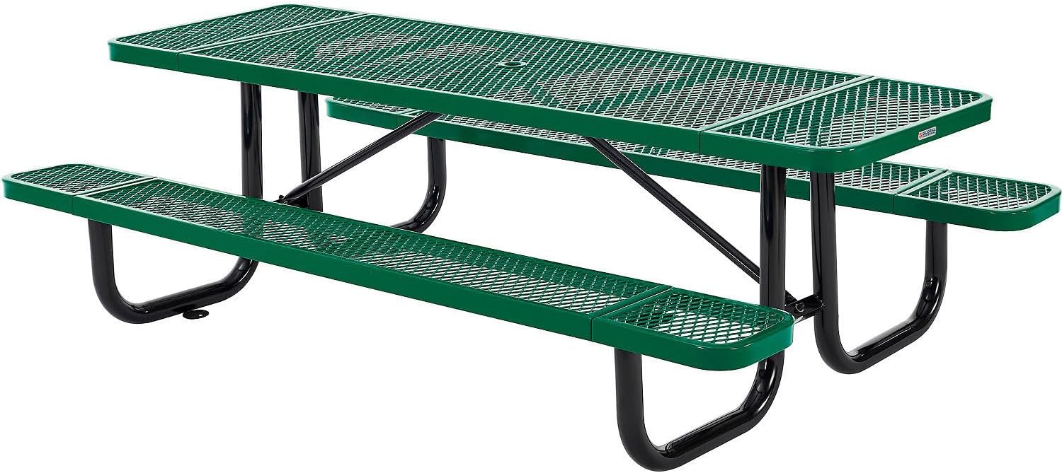 Global Industrial 8’L Rectangular Picnic Table, Expanded Metal, Green Thermoplastic Coating, Attached Benches, 1-1/2” Umbrella Pole Hole, Outdoor-Rated, 1000 lb Capacity, 96” x 30” Tabletop