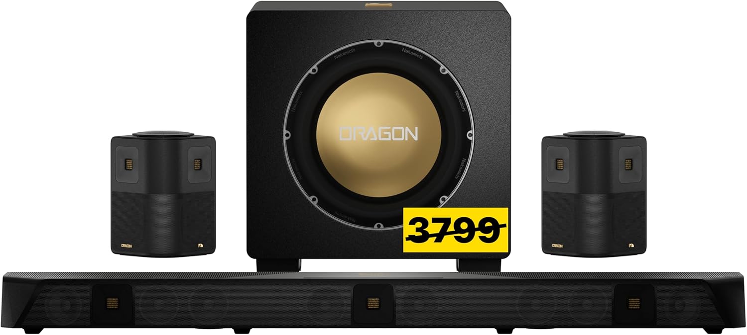 Nakamichi Dragon 11.1.6 Ch Surround System w Dolby Atmos/DTS:X Pro (Pro Cinema Engine), HiFi AMTs, Reference 12″ Sub, Bipolar Surr, 6 Discrete Height Ch, 3000 Watts Max Output. AVR Grade Soundbar