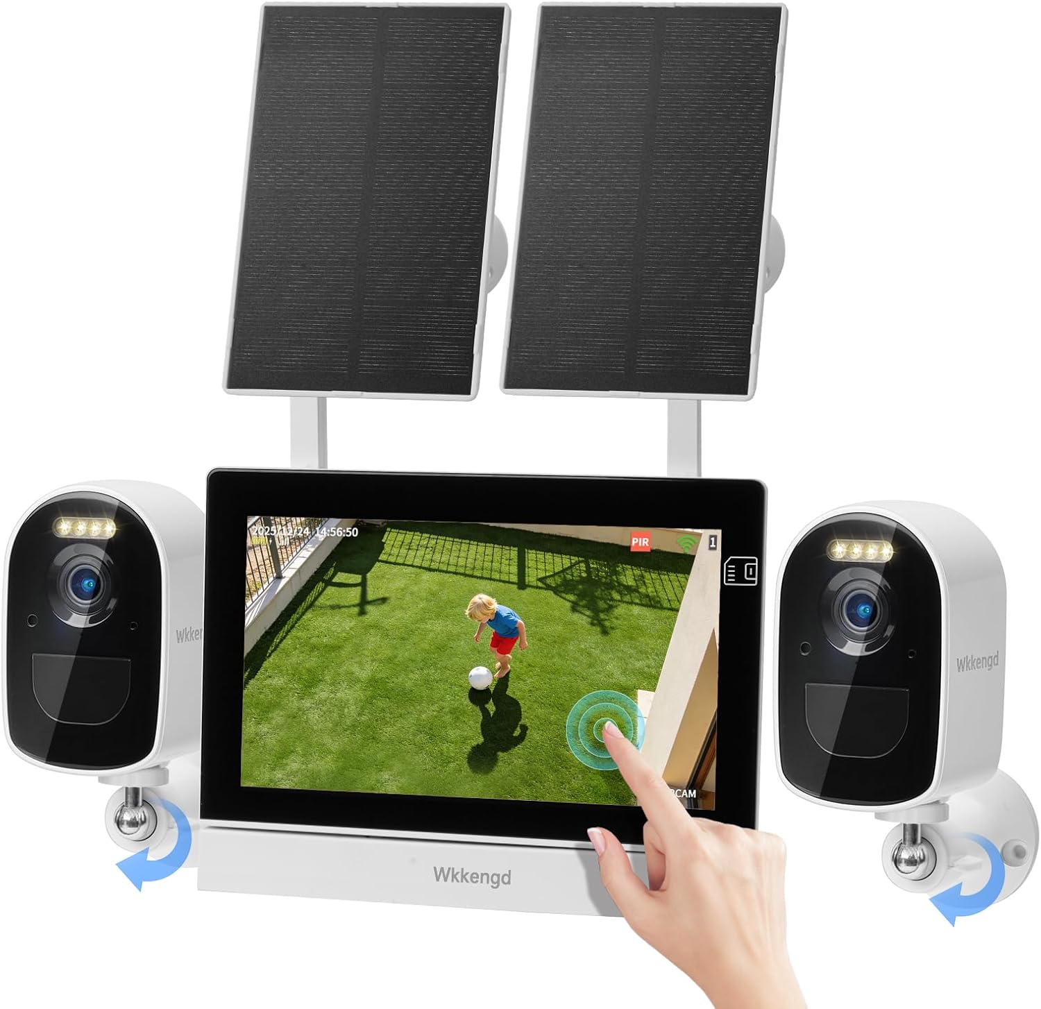 Solar Wireless Security Camera System, 4MP 2-Camera Kit with 7″ Touchscreen Monitor, Motion Detection Auto Full-Screen Zoom, 5G/2.4G WiFi, Color Night Vision, Compatible with Alexa