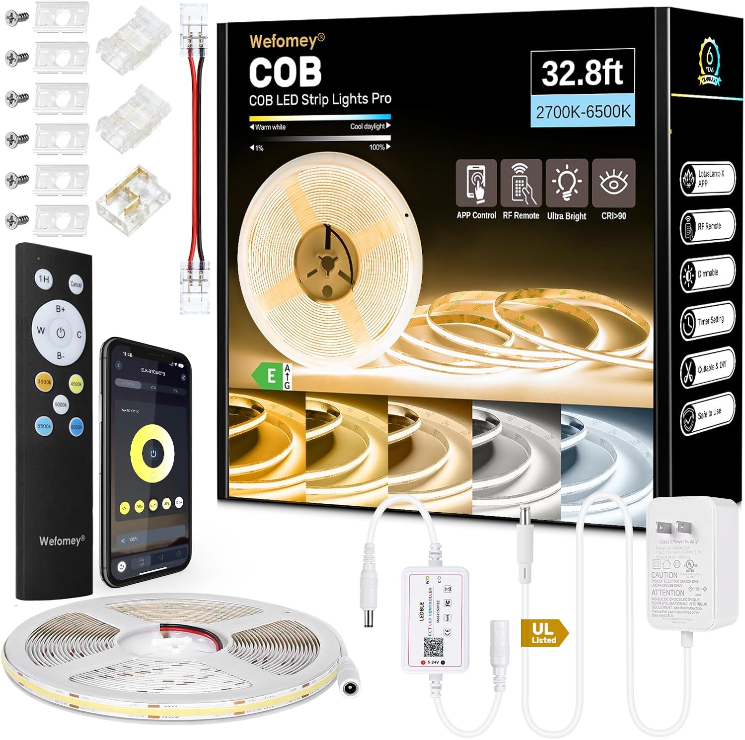 Wefomey COB LED Strip Light White, 33ft Dimmable 2700K-6500K High Density 24V Flexible LED Tape Light with Remote and APP Control, UL-Listed White led Strip Lights for Bedroom Kitchen Christmas Decor