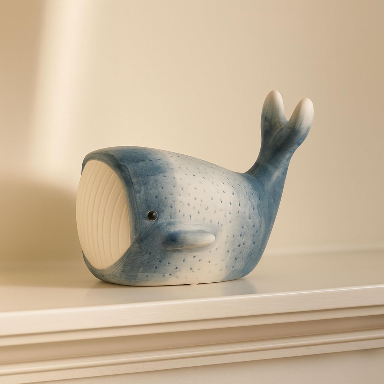 Blue Whale Figurine – Coastal Stoneware Sculpture, Ocean Animal Ceramic Statue for Shelf or Coffee Table Display, Nautical Accent for Living Room or Office Home Decor, 6″, Blue & White
