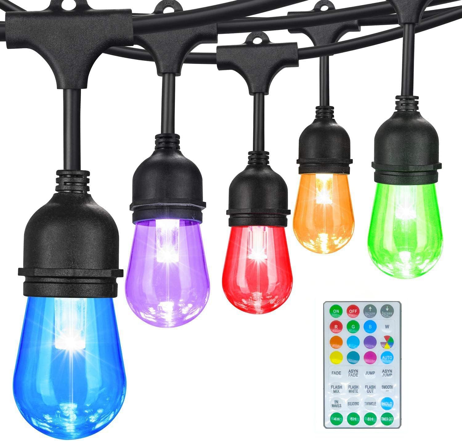 48FT Outdoor Patio Lights Waterproof Dimmable with Remote, RGB Cafe LED String Light with 15 Shatterproof Bulbs for Bistro Party, Patio, Garden, Wedding Decor