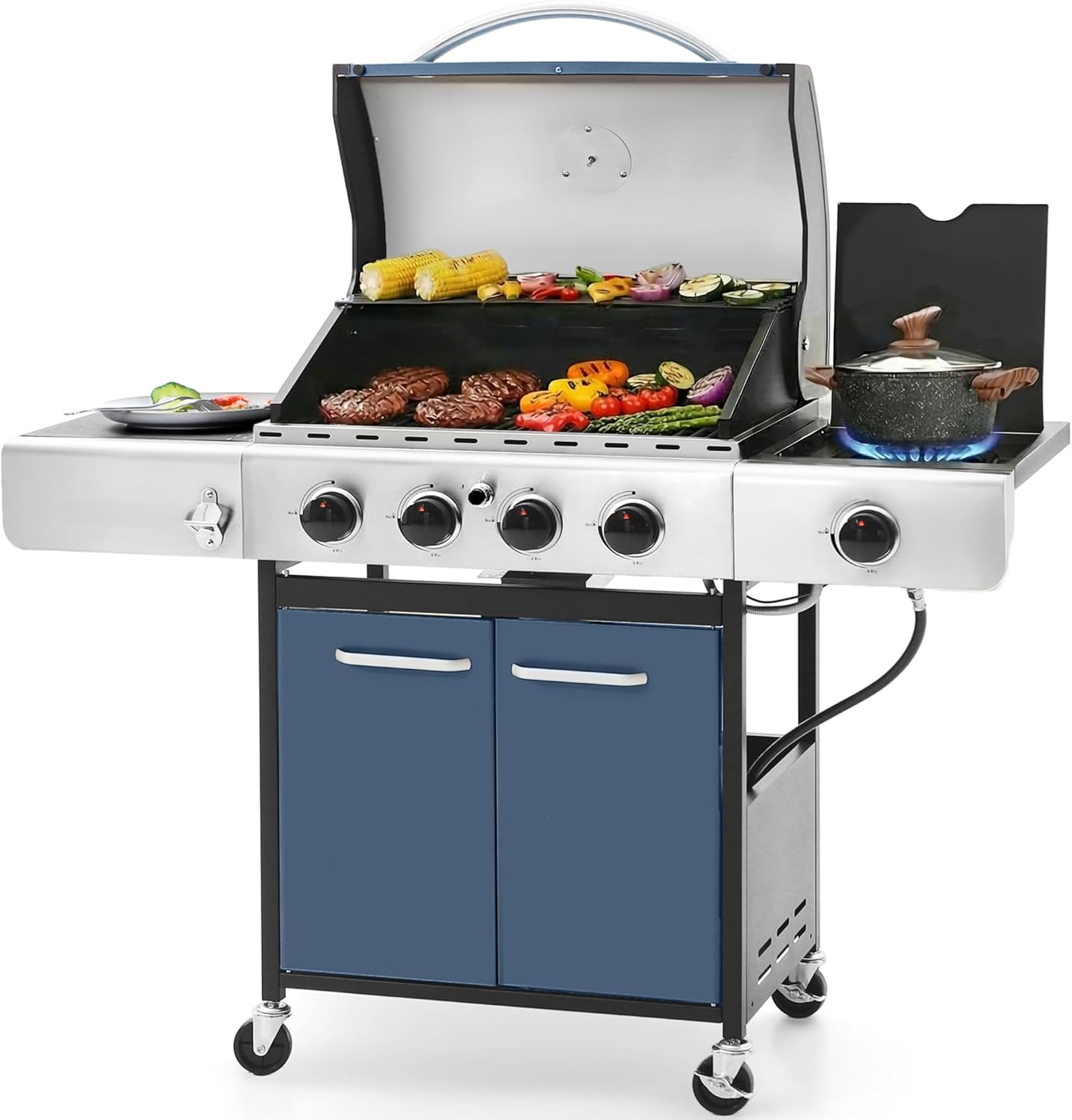 Sophia & William 4-Burner Gas BBQ Grill with Side Burner and Porcelain-Enameled Cast Iron Grates, 42,000BTU Propane Grills Outdoor Cooking Barbecue Cabinet Style, Blue