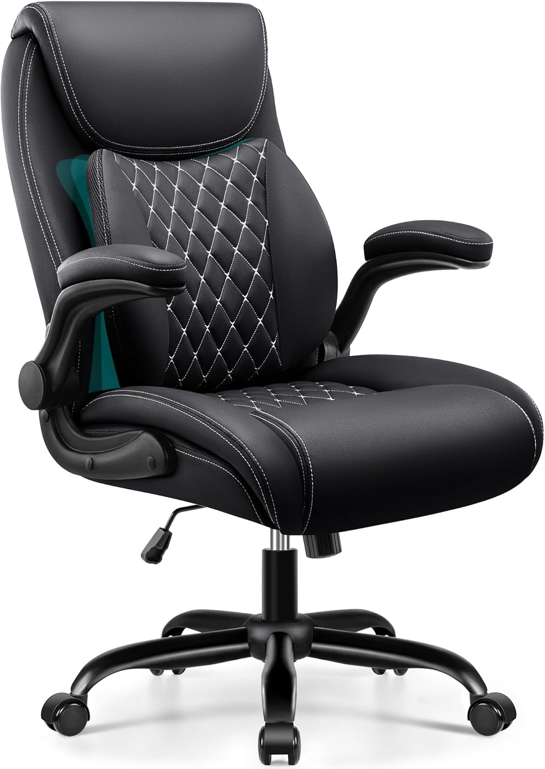 Office Chair, Ergonomic Computer Desk Chairs with Lumbar Support for Lower Back Pain Relief, Executive Leather Home Chair Comfy with Padded Flip-up Armrests, Black