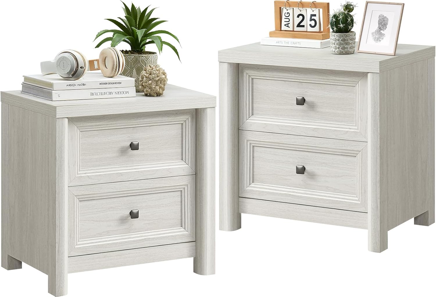 Farmhouse White Night Stands Set of 2, Bedside Tables Nightstands with 2 Drawers Storage, 22.8″ Large Rustic Wood Night Stand, Bed Side Table for Bedroom Living Room Sofa Couch Office