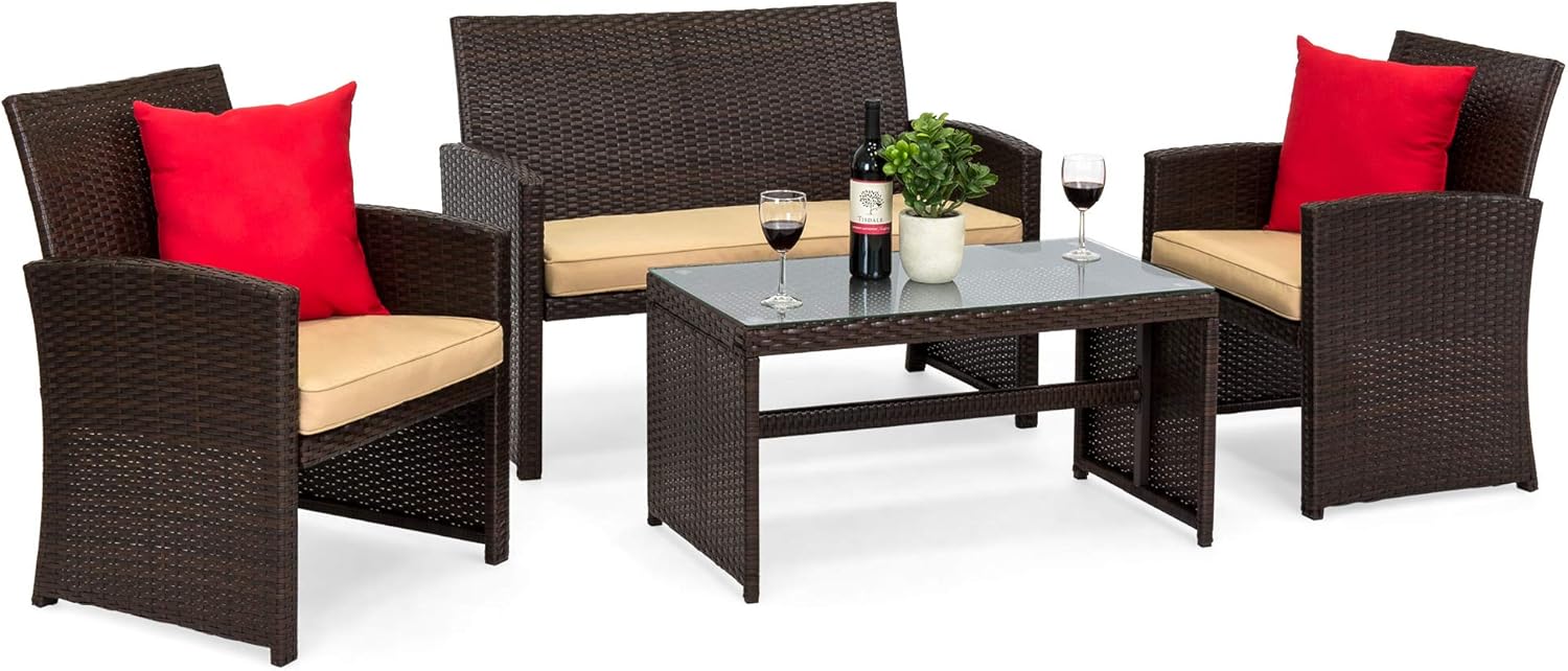 Best Choice Products 4-Piece Outdoor Wicker Patio Conversation Furniture Set for Backyard w/Coffee Table, Seat Cushions – Brown/Beige