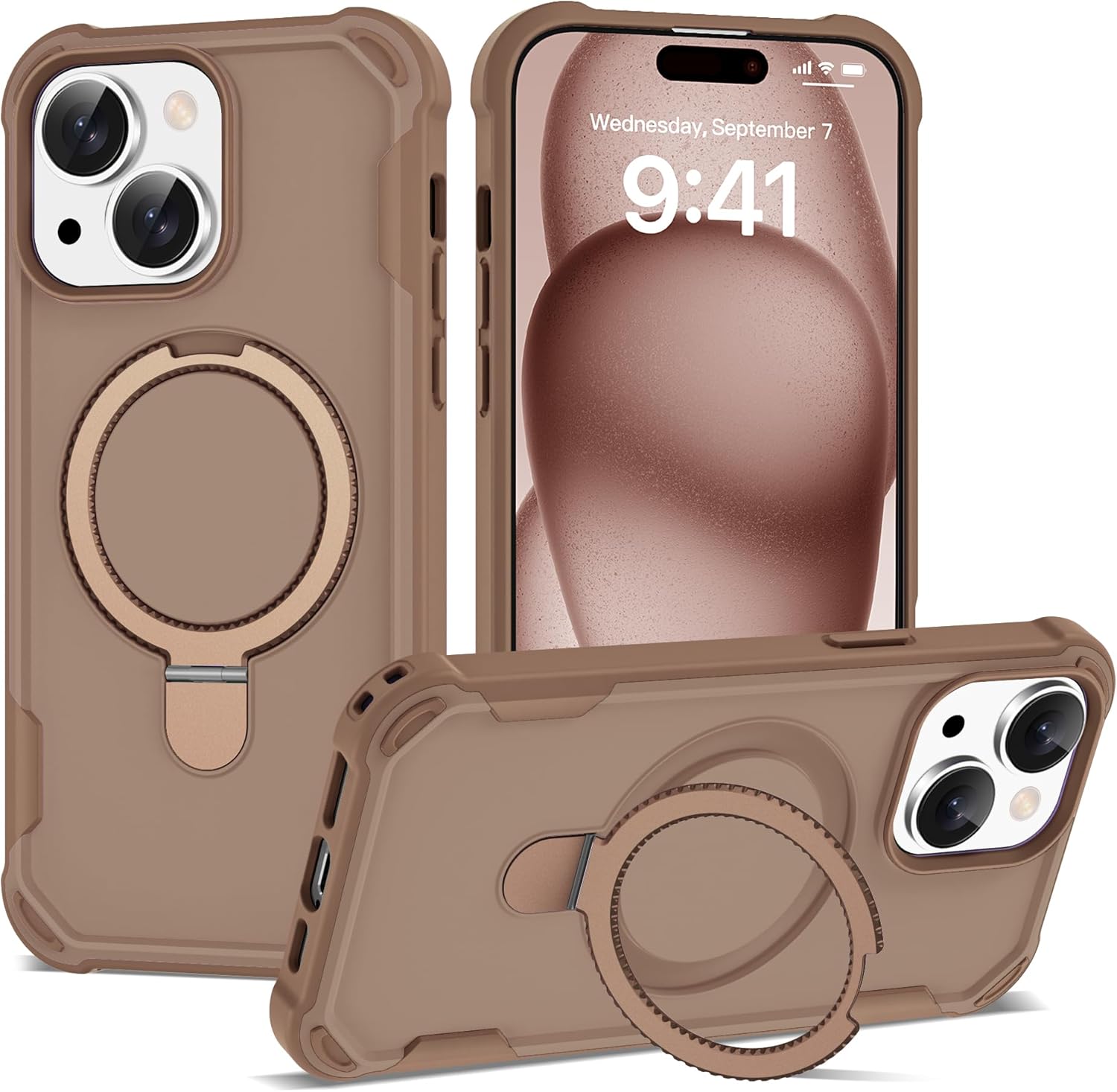 Compatible with iPhone 15 Case 6.1” with Magnetic Ring Stand [Military Drop Protection][Compatible with MagSafe] Shockproof 15 Phone Case for Men Wowen,Brown