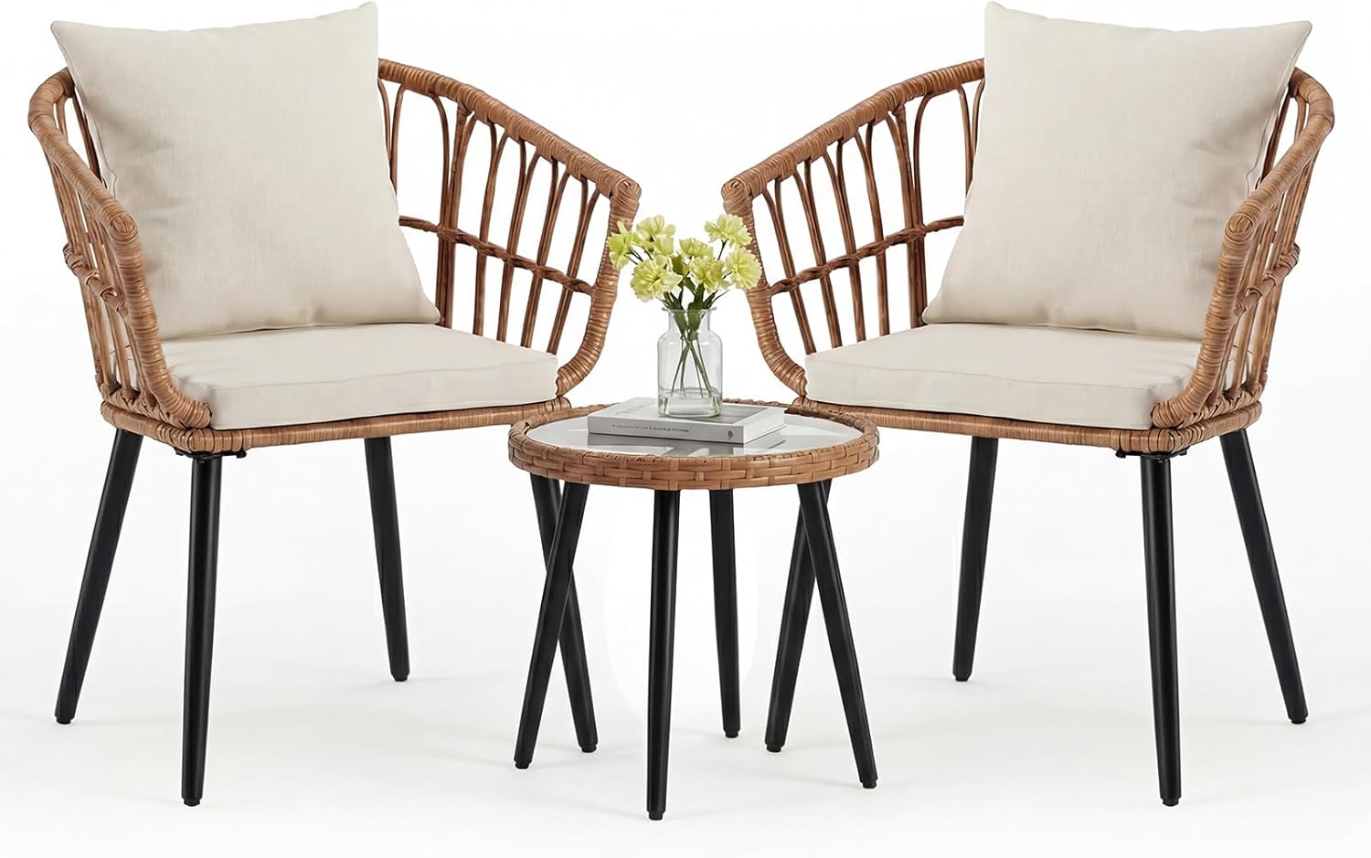 DUMOS 3 Pieces Outdoor Bistro Set, All-Weather PE Rattan Patio Furniture Set with Cushions, Steel Frame Table and Chairs for Balcony, Apartment, Porch, Beige