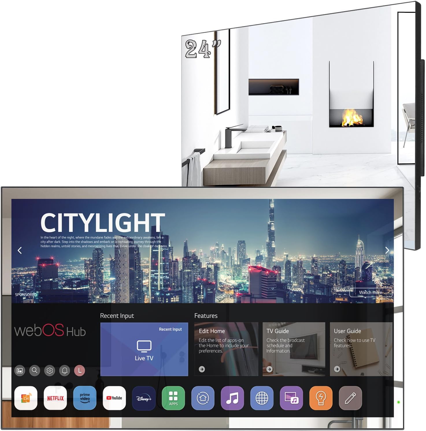 Soulaca 24 inches Smart Magic Mirror Bathroom LED TV webOS WiFi Bluetooth DTV ATSC System Built-in Alexa Voice Control WiFi Bluetooth New