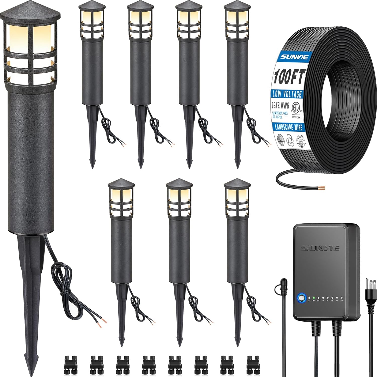 SUNVIE All-in-One LED Landscape Lighting Kit, 8-Pack Low Voltage Pathway Lights with Transformer and 100FT 16/2 AWG Wire, 3000K Waterproof Landscape Lights with Connectors for Walkway Garden Yard