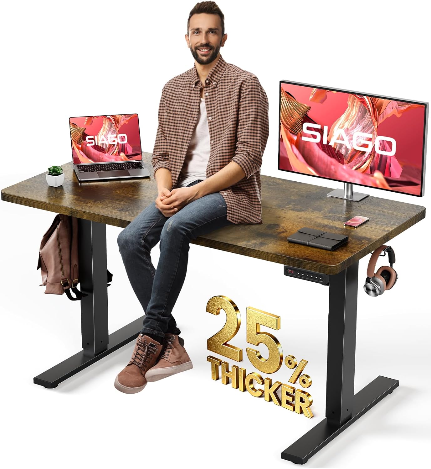 SIAGO Electric Standing Desk Adjustable – 48 x 24 Inch Sit Stand up Desk with Cable Management – 3 Memory Preset Adjustable Height Table