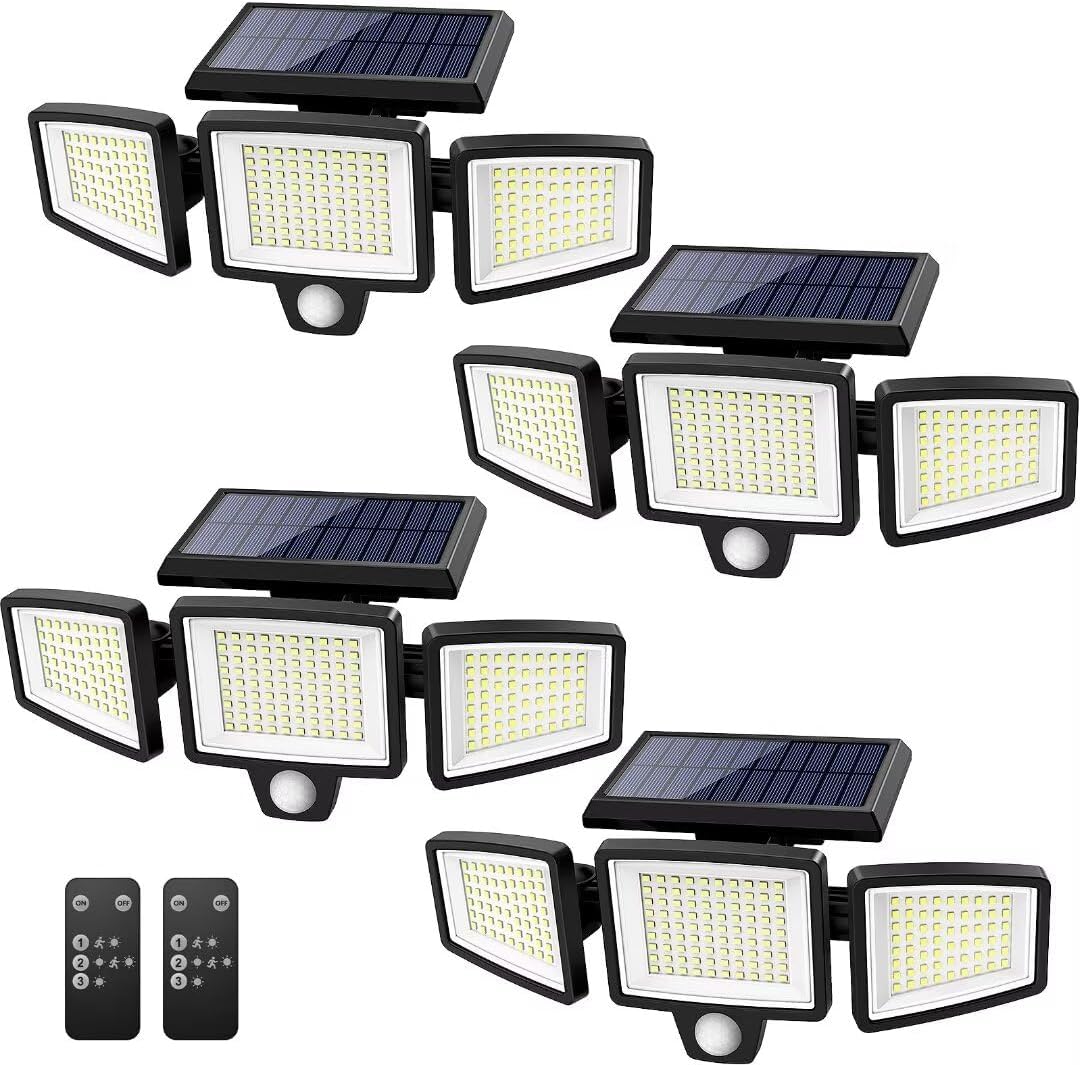 Tuffenough Solar Outdoor Lights 2500LM 210 LED Security Lights with Remote Control,3 Heads Motion Sensor Lights, IP65 Waterproof,270° Wide Angle Flood Wall Lights with 3 Modes(4 Pack)