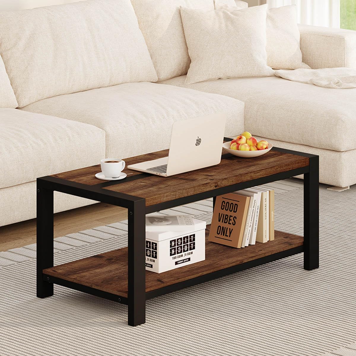 BON AUGURE Coffee Table for Living Room, Industrial Wood and Metal Living Room Tables, Farmhouse Rectangular Center Table (Rustic Oak, 43 Inch)