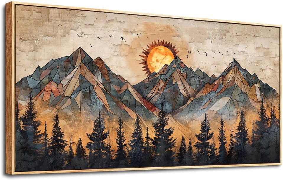 ZUITINGHUA Boho Wall Art For Living Room Large Canvas Wall Decor For Bedroom Office Decorations Abstract Wall Paintings Mountain Landscape Pictures Modern Home Mural Artwork Wood Framed 24×48 In