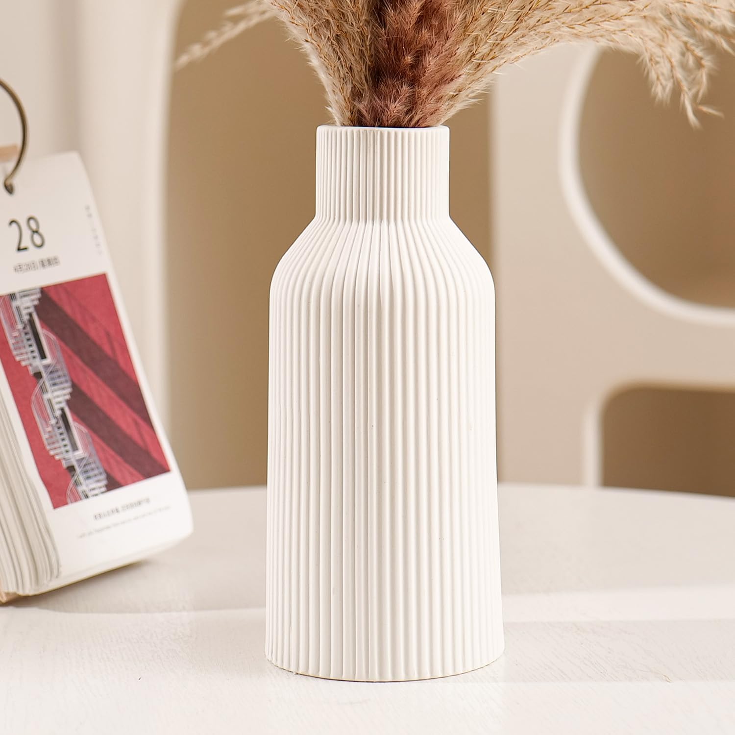 Bohemian White Ceramic Vase – for Pampas Grass, Mantel, Bookshelf, Entryway and Living Room Decor (White, 7in)