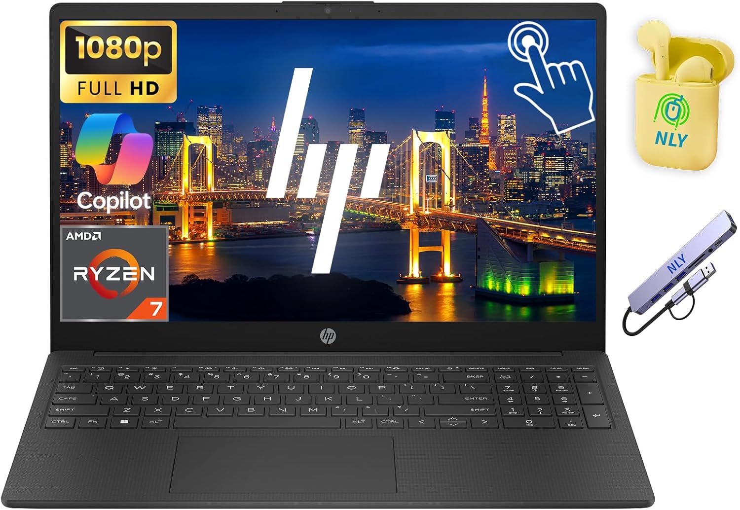 HP Touchscreen 15.6″ FHD Business Laptop Computer, 8-core AMD Ryzen 7 Processor, Windows 11 Laptop 32GB RAM 1.5TB Storage (1TB SSD+512GB Docking Set), AI Copilot Ready, NLY Earphones, Black