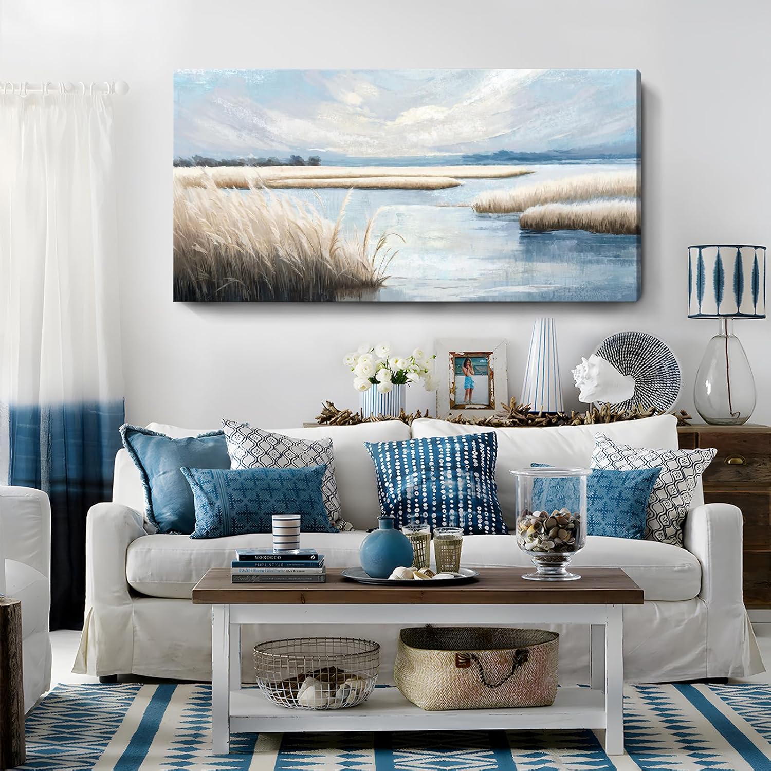 amatop Large Coastal Wall Art Abstract Landscape Beach Ocean Marsh Canvas Print Calming Soft Blue and Beige Wetland Picture Minimalist Neutral Nature Artwork for Bedroom Living Room Office 48×24