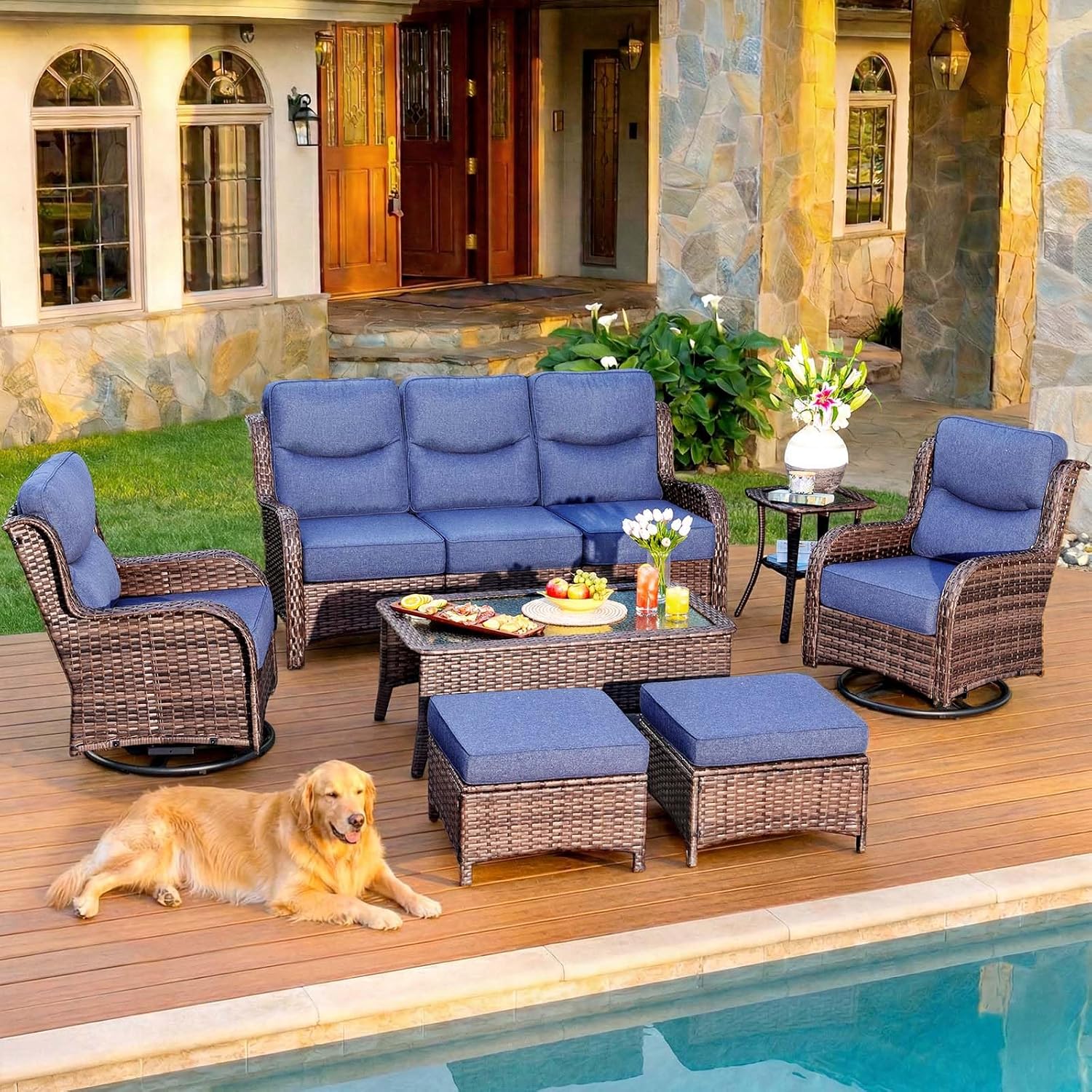 HILLGA 7-Piece Luxury Patio Furniture Set with 6″ Thick Cushions, Weather-Resistant Wicker High Back Swivel Rocker Chairs, Senior-Friendly Outdoor Sofa Set for Large Deck, Yard and Poolside, Blue(V2)