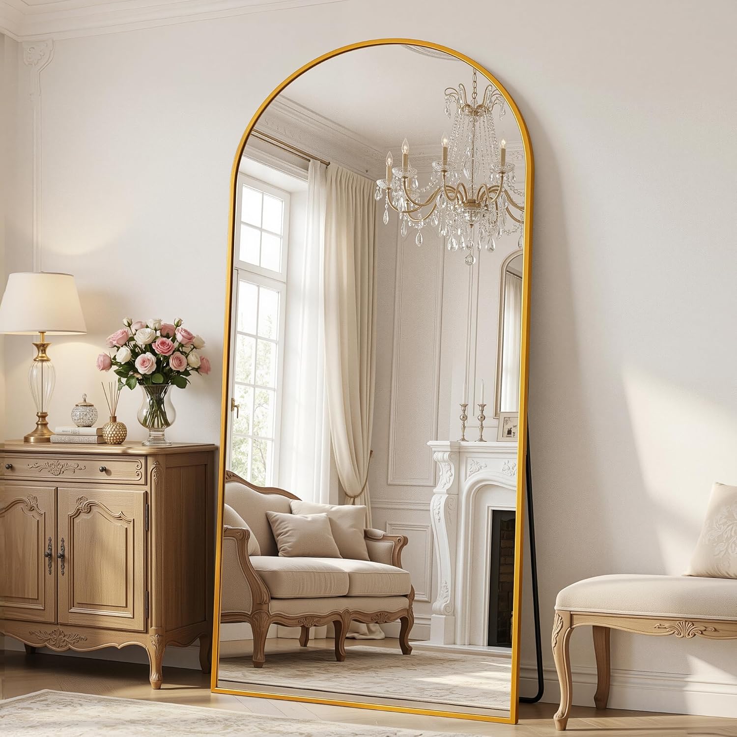 Antok Full Length Floor Mirror Arched Standing Mirror with Aluminum Frame – Freestanding Wall Mount Leaning Body Mirror for Bedroom Living Room Entryway, 76″ L x 34″ W, Gold