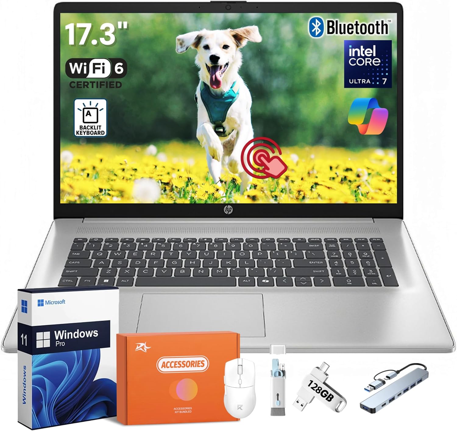 HP 17.3 Touchscreen Laptop 2025, Intel 12-Core Ultra 7 255U (Up to 5.2GHz), Windows 11 Pro, Wi-Fi 6, Bluetooth 5.4, Intel Built-in AI, HD Camera, Backlit KB, 32GB DDR5, 1TB SSD, Copilot, Accessories