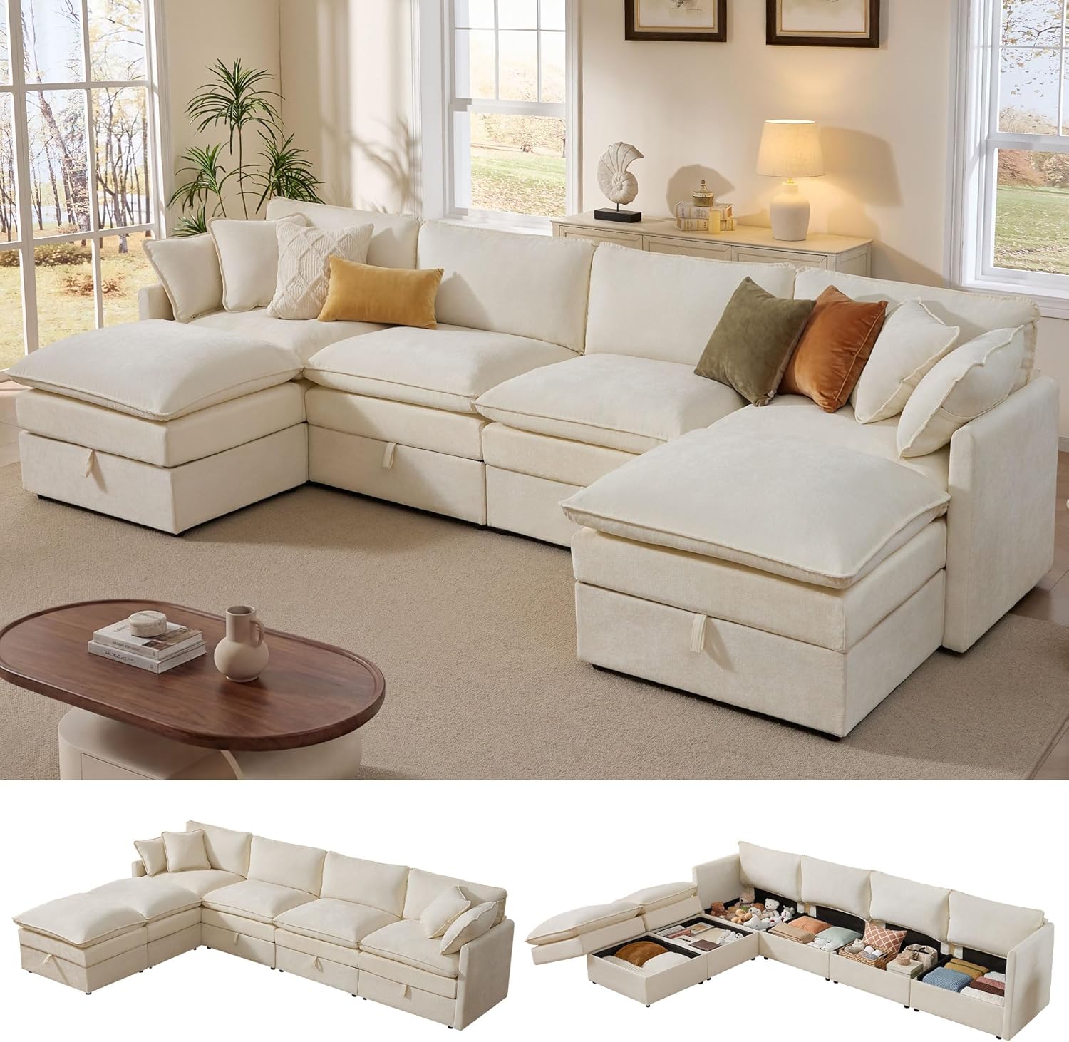 Ihanherry 135” Modular Sectional Sofa with Storage, U Shaped Cloud Couch with Movable Ottomans & 4 Pillows, Chenille Deep Seat Sectional Couches for Living Room, Apartment (Beige)