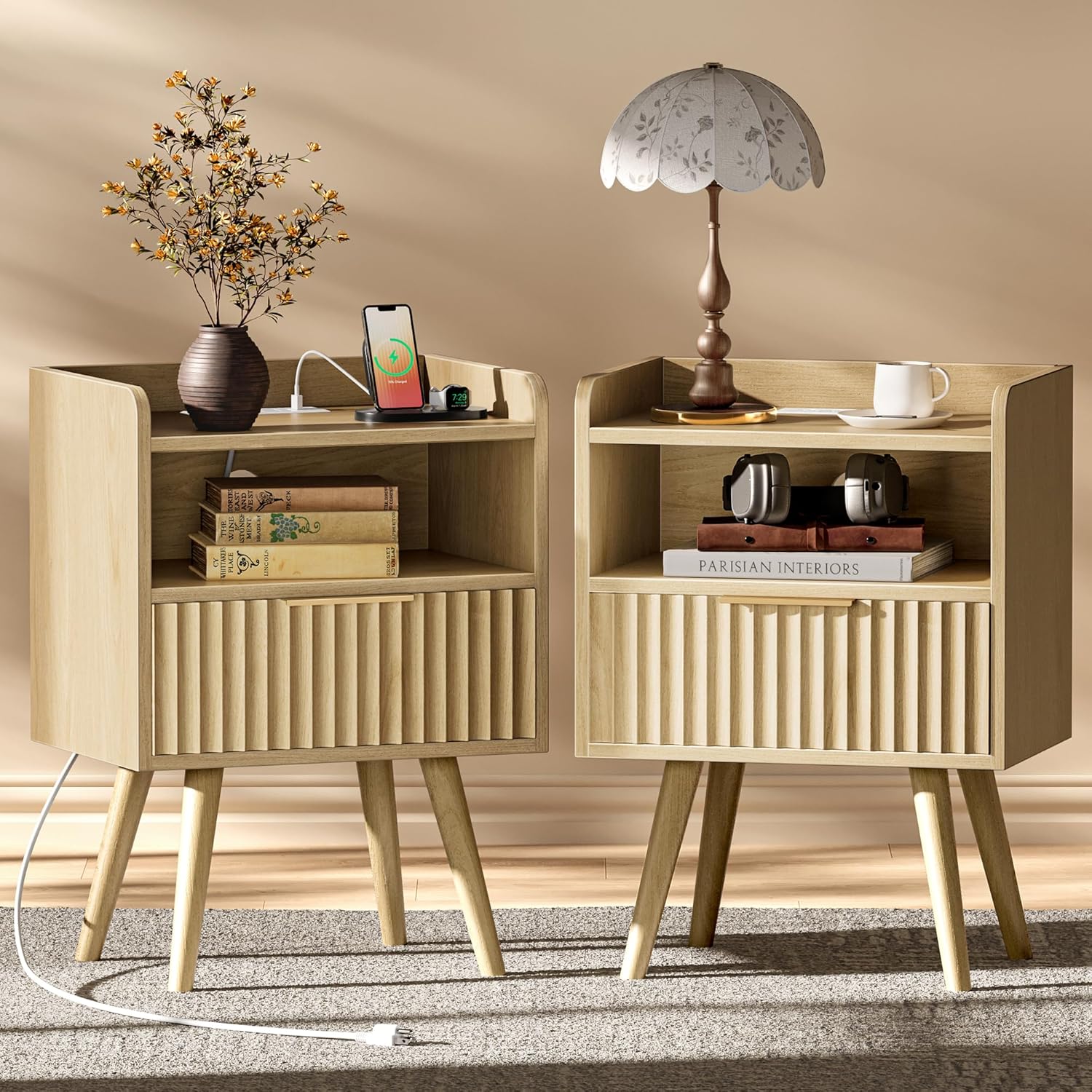 Huuger Nightstand with Charging Station, USB-C Port, Fluted Night Stand Set of 2, Bed Side Table with Drawer, Solid Wood Feet, Open Storage, End Table with Raised Edge, for Bedroom, Natural