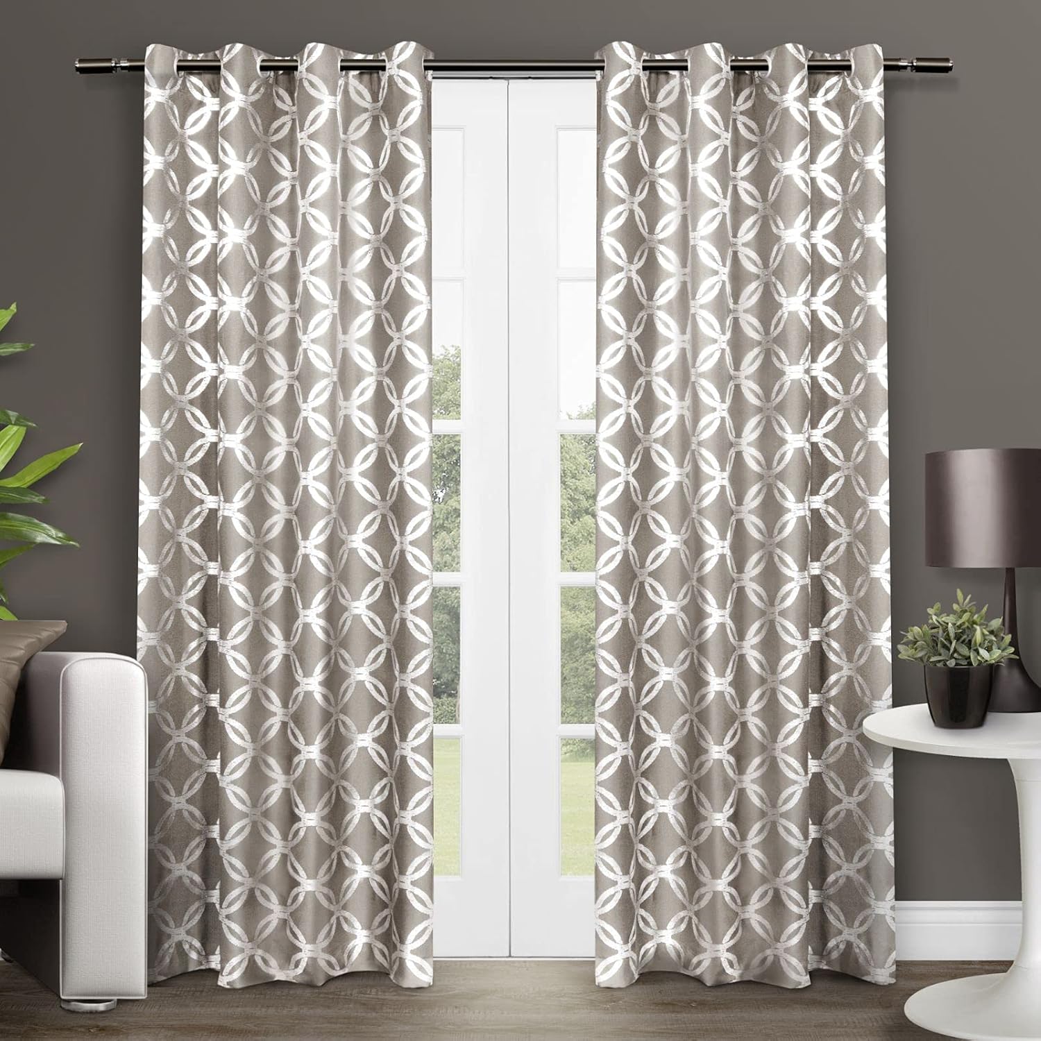 EXCLUSIVE HOME Modo Metallic Geometric Grommet Top Curtain Panel Pair, 54″x84″, Natural