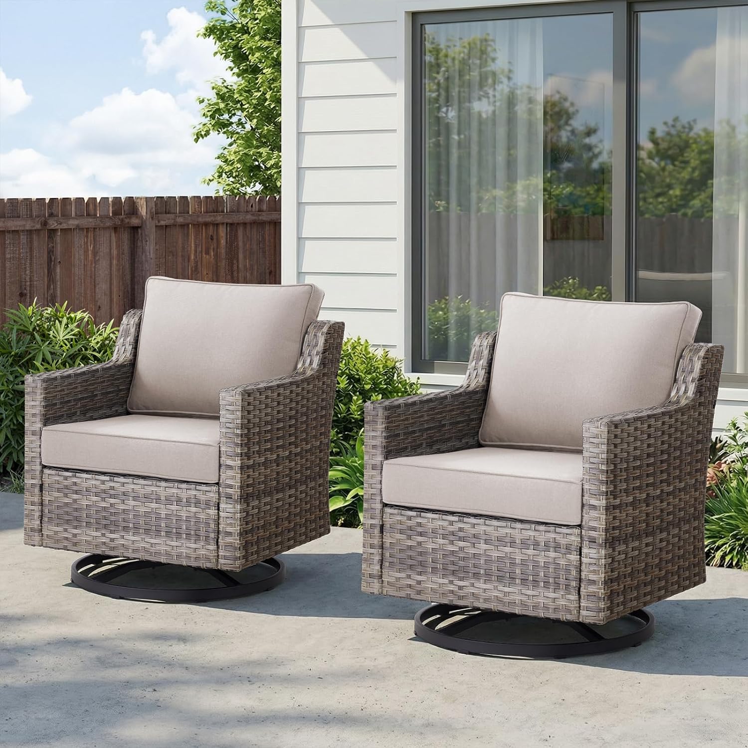 Belord Patio Wicker Swivel Rocker Patio Chairs, Outdoor Rattan Chairs for Deck Porch Garden, 2 Piece Luxury Patio Furniture Set, Beige