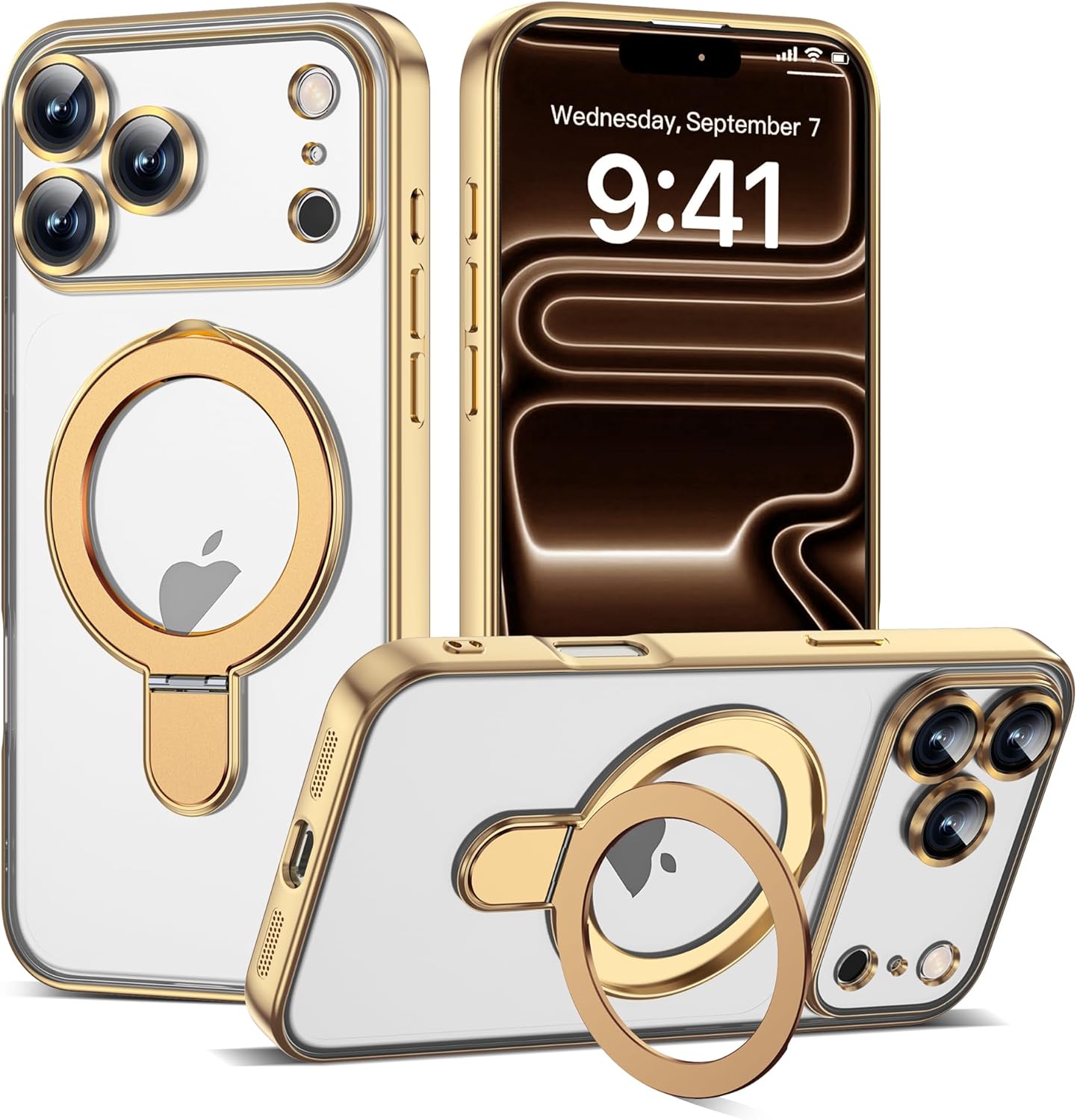 Compatible with iPhone 17 Pro Max Case with Magnetic Ring Stand [Compatible with Mag-Safe] [Full Camera Lens Protector] Plating Clear Phone Case for iPhone 17 Pro Max 6.9″, Gold